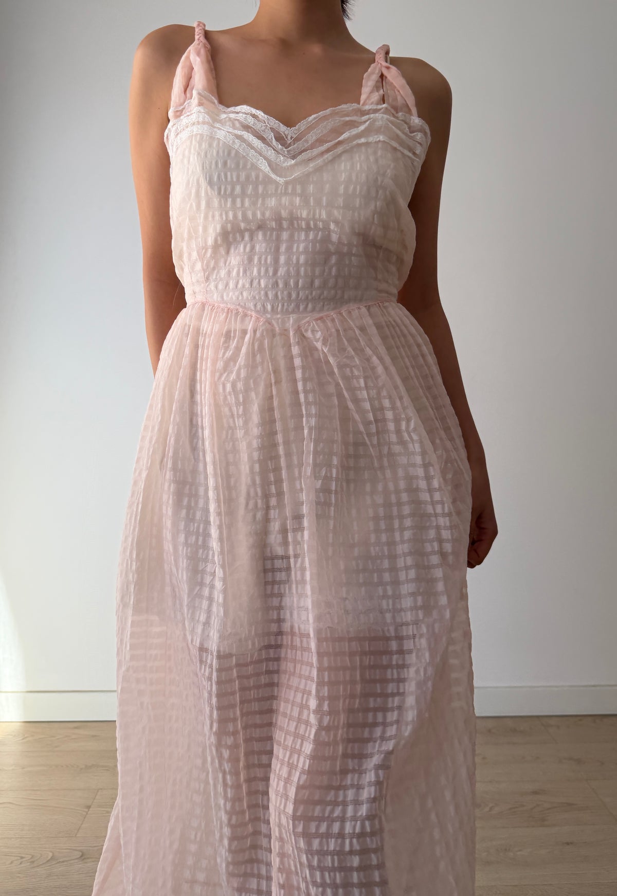 1950s–1960s Pink Organza Nightgown, Sheer Check Maxi Dress with Lace Trim and Ruffled Hem