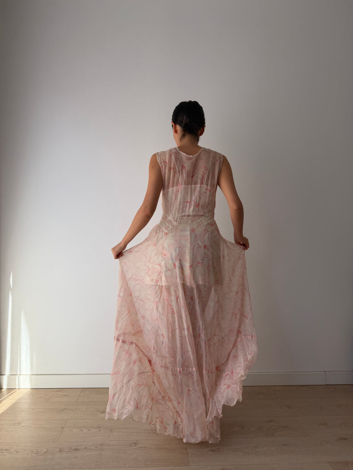 1930s Pink Floral Chiffon Nightgown, Sheer Maxi Dress with Lace Inserts and Tie Neckline