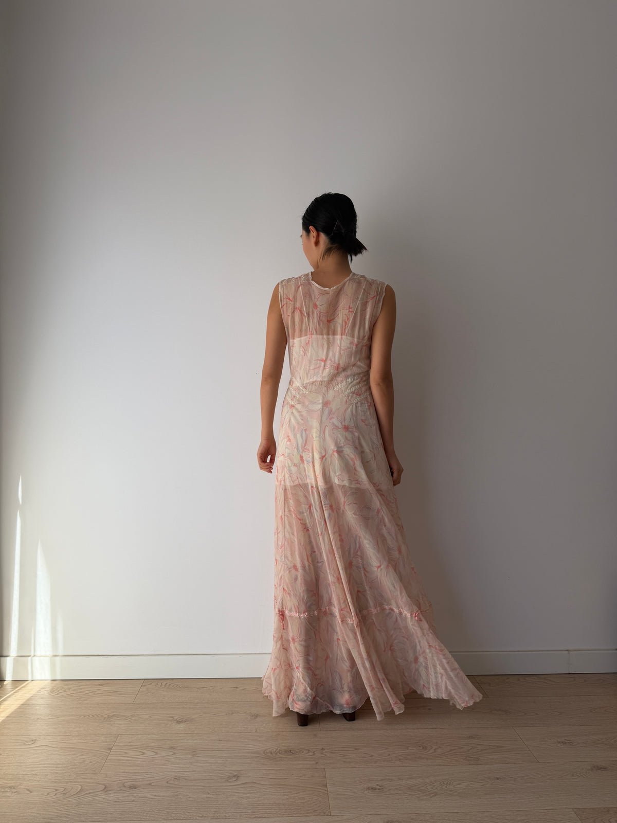 1930s Pink Floral Chiffon Nightgown, Sheer Maxi Dress with Lace Inserts and Tie Neckline