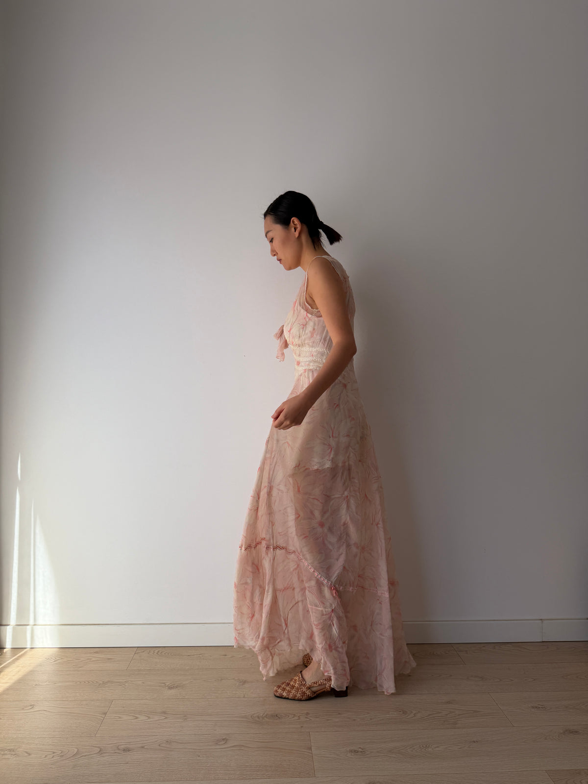 1930s Pink Floral Chiffon Nightgown, Sheer Maxi Dress with Lace Inserts and Tie Neckline