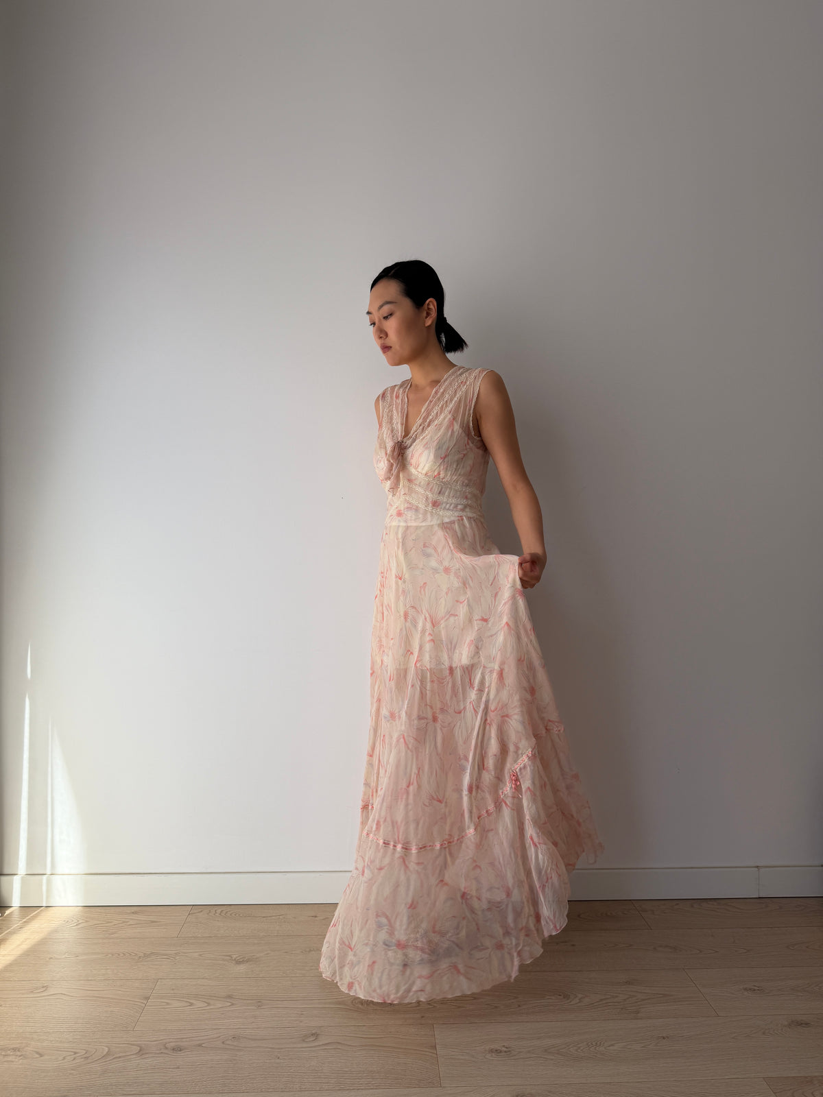 1930s Pink Floral Chiffon Nightgown, Sheer Maxi Dress with Lace Inserts and Tie Neckline