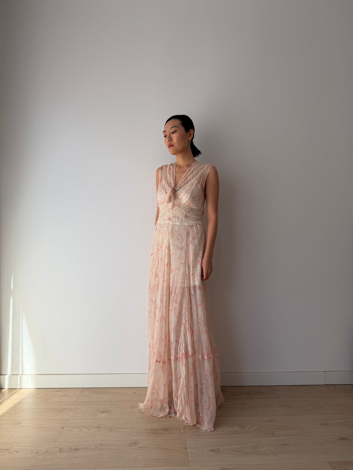 1930s Pink Floral Chiffon Nightgown, Sheer Maxi Dress with Lace Inserts and Tie Neckline
