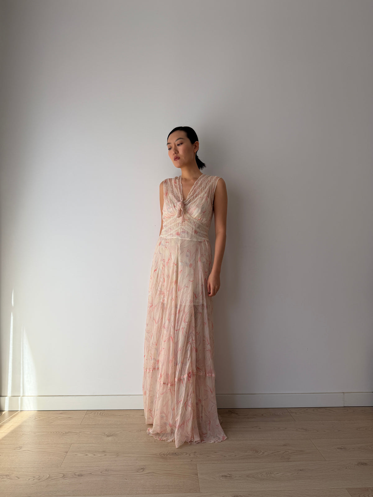 1930s Pink Floral Chiffon Nightgown, Sheer Maxi Dress with Lace Inserts and Tie Neckline