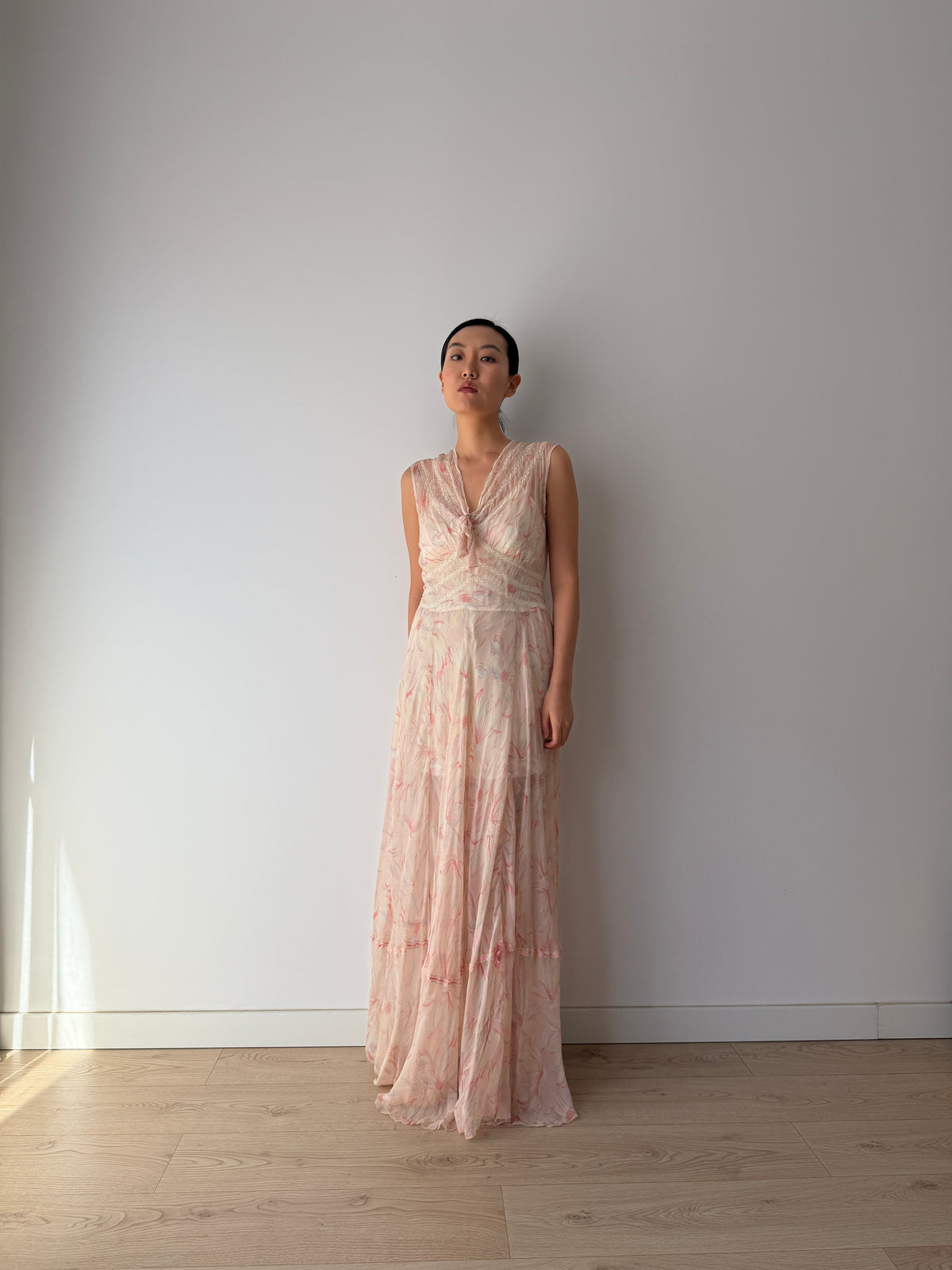 1930s Pink Floral Chiffon Nightgown, Sheer Maxi Dress with Lace Inserts and Tie Neckline