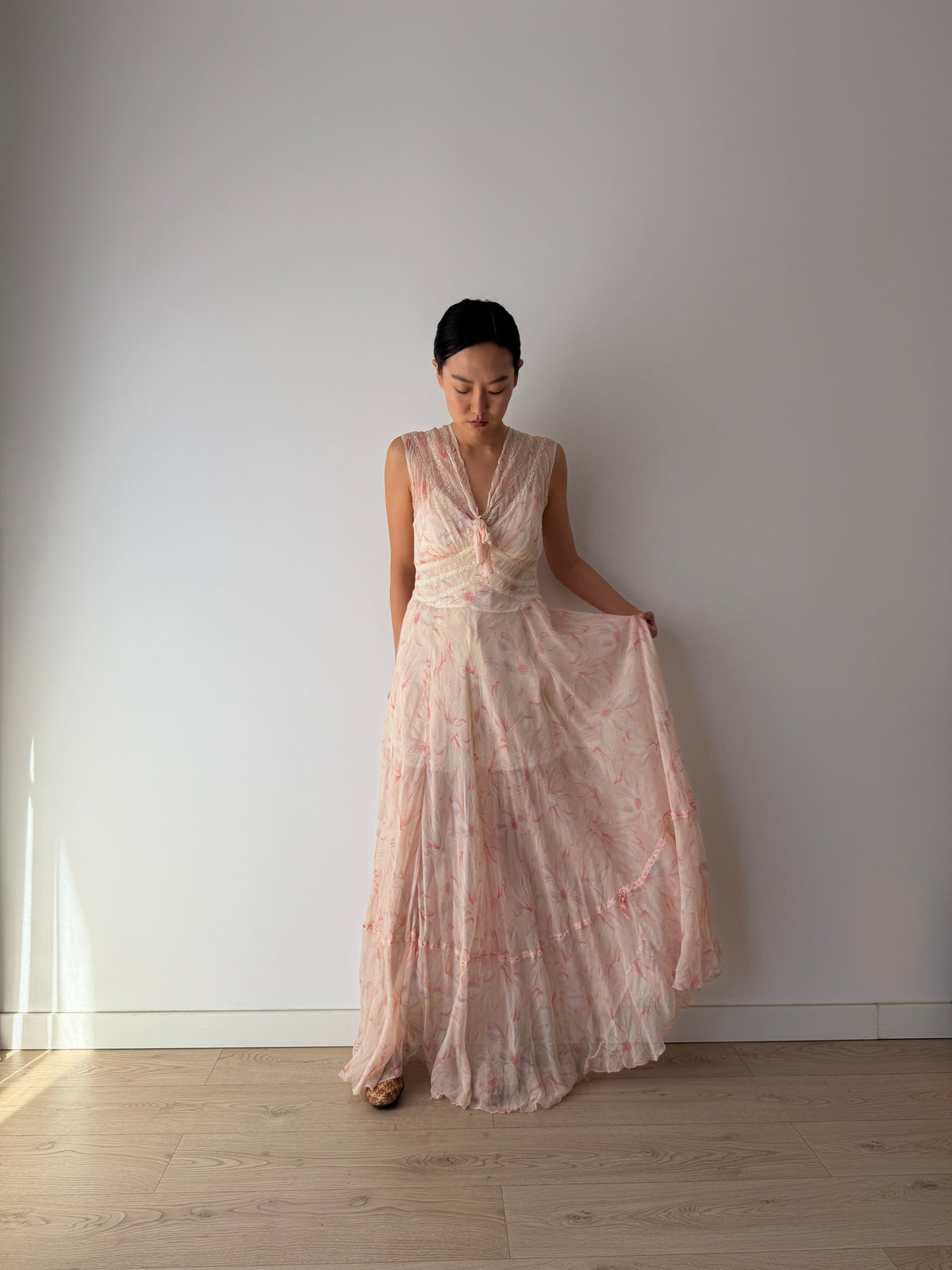 1930s Pink Floral Chiffon Nightgown, Sheer Maxi Dress with Lace Inserts and Tie Neckline
