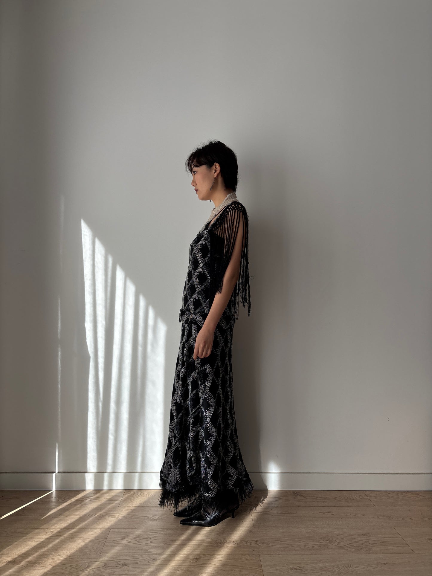 1920s Black Silk Crepe Evening Dress: Fringed Shoulder & Feather Hem