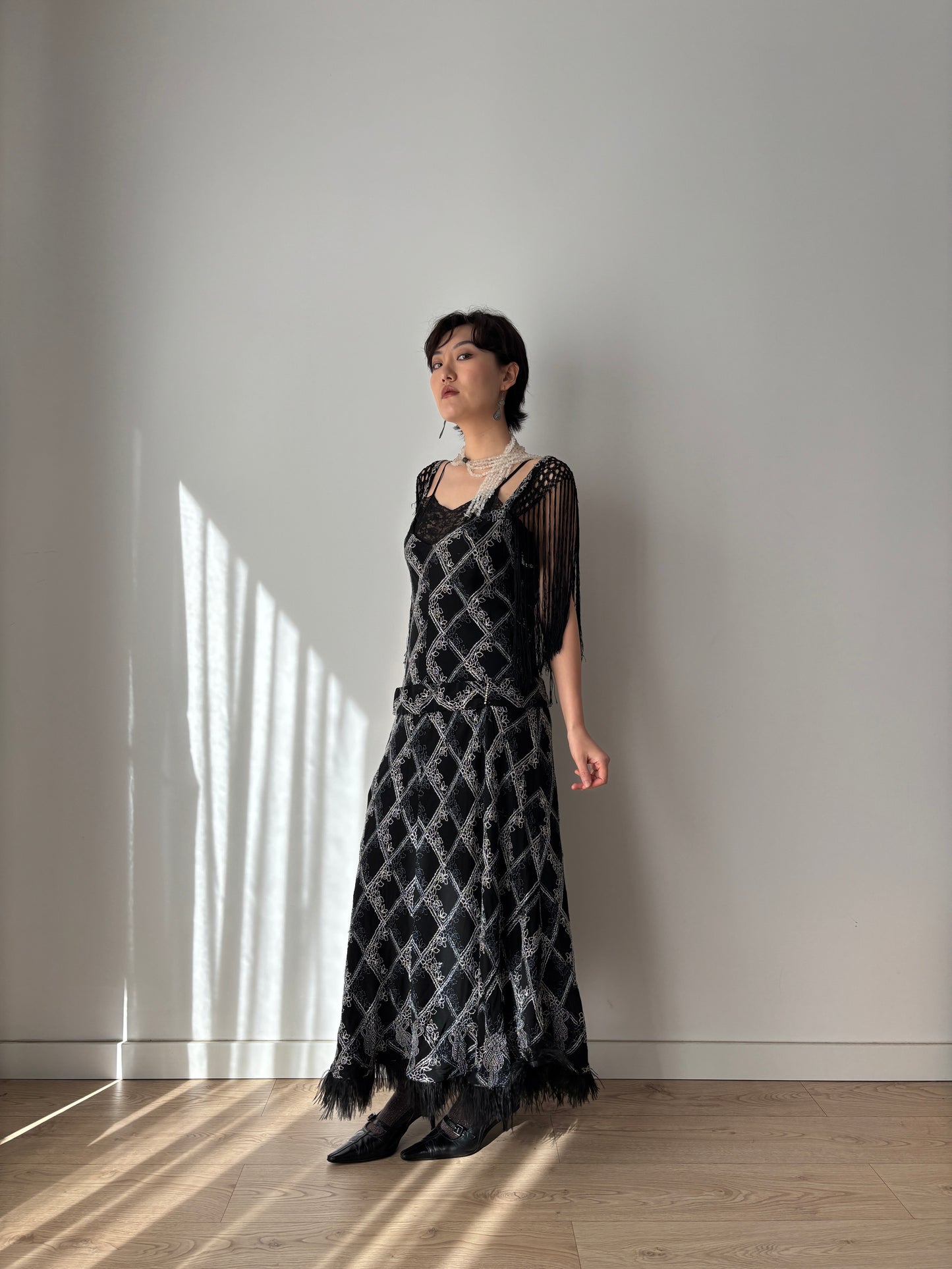 1920s Black Silk Crepe Evening Dress: Fringed Shoulder & Feather Hem