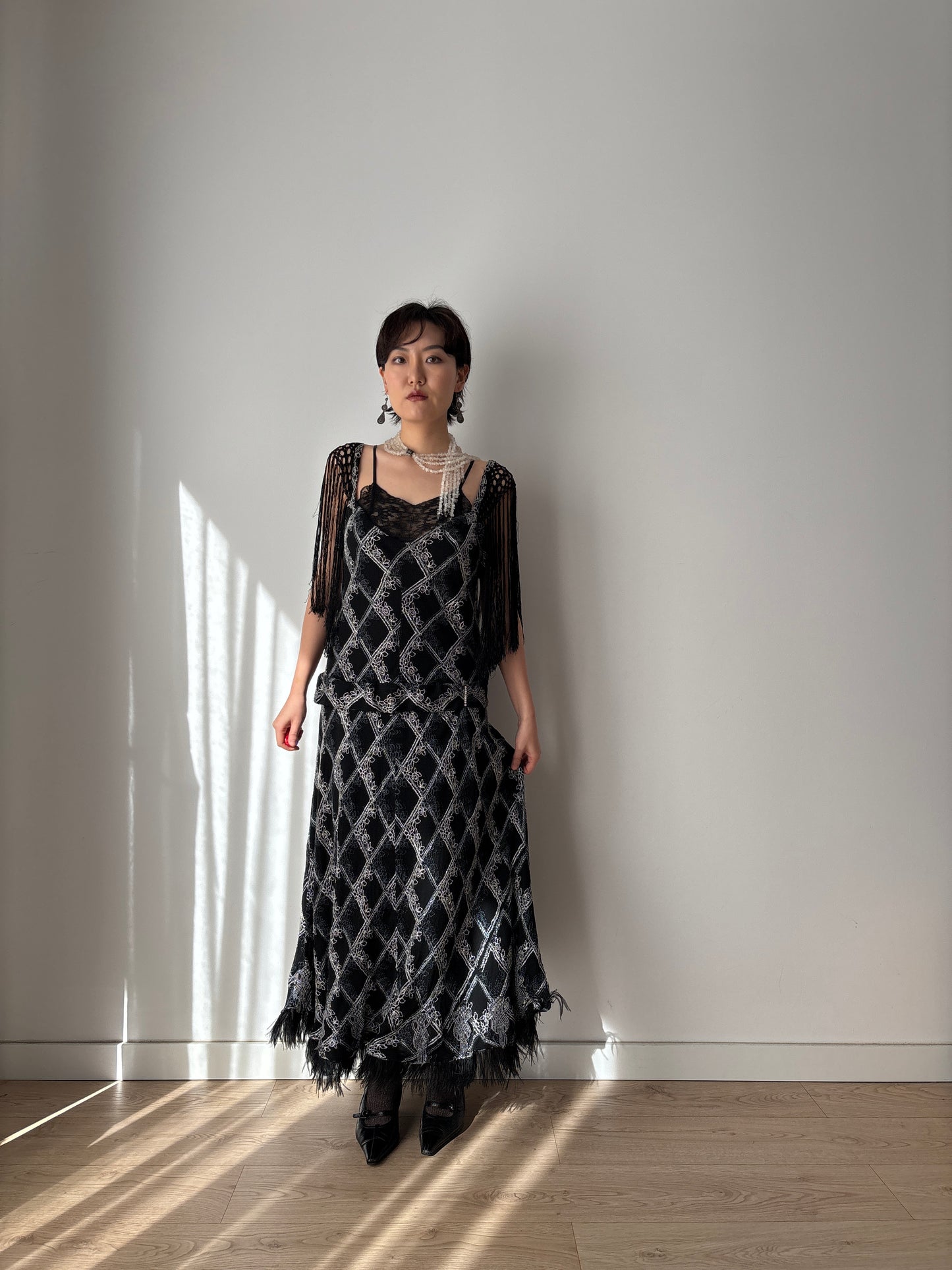 1920s Black Silk Crepe Evening Dress: Fringed Shoulder & Feather Hem