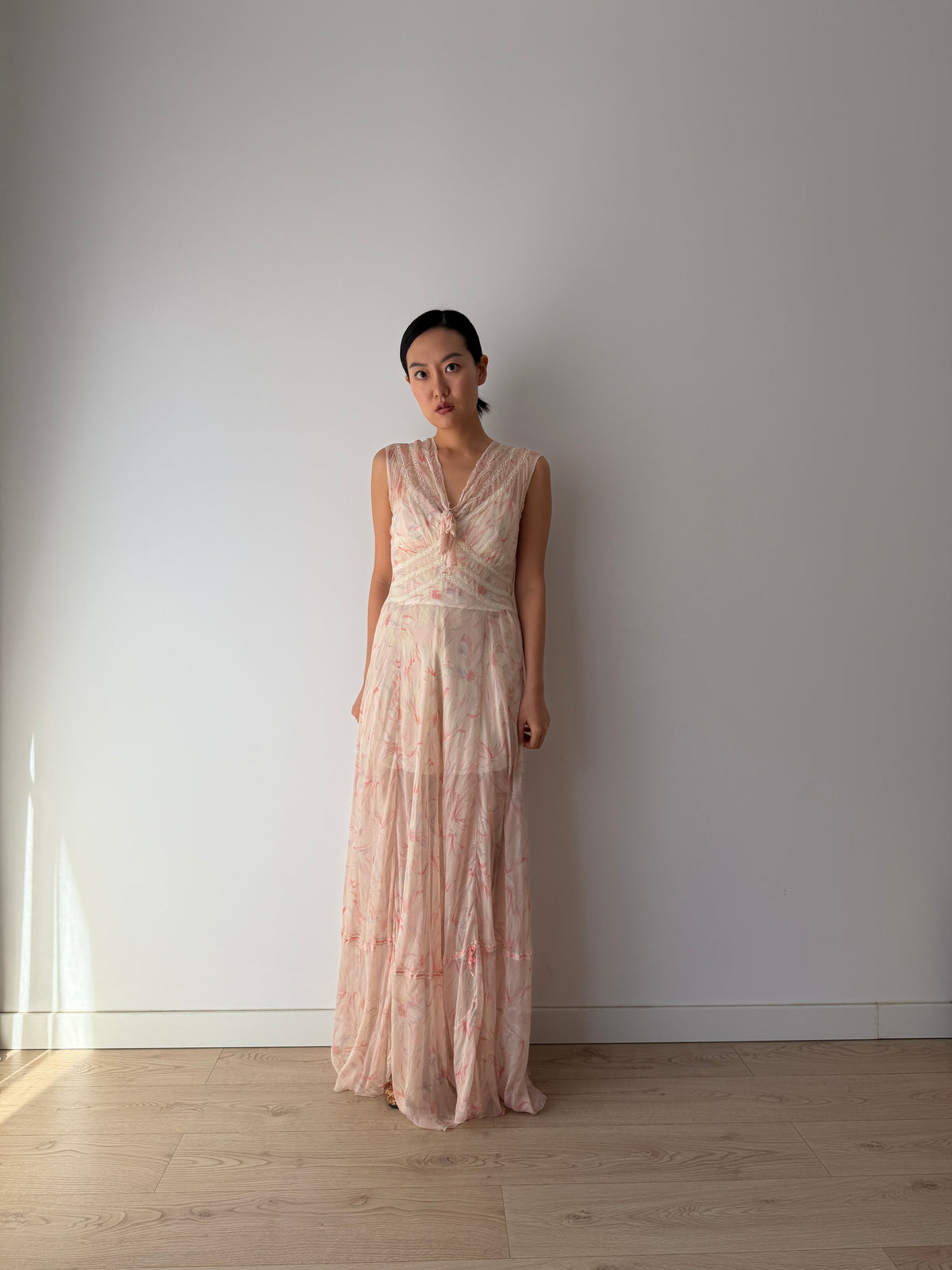 1930s Pink Floral Chiffon Nightgown, Sheer Maxi Dress with Lace Inserts and Tie Neckline