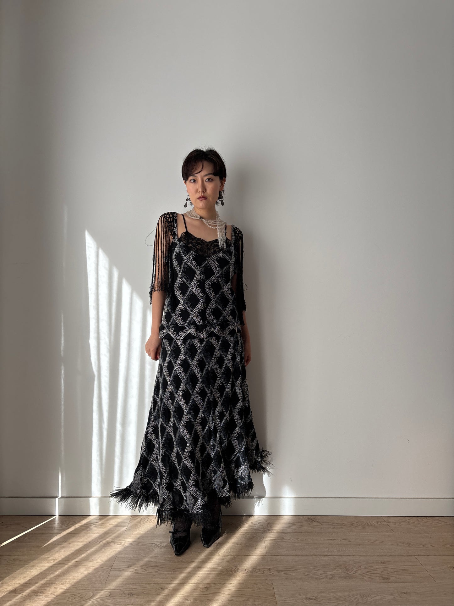 1920s Black Silk Crepe Evening Dress: Fringed Shoulder & Feather Hem