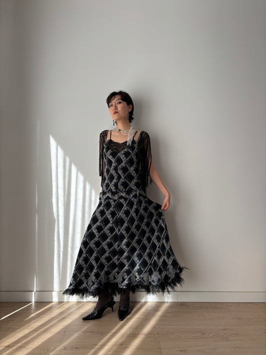 1920s Black Silk Crepe Evening Dress: Fringed Shoulder & Feather Hem