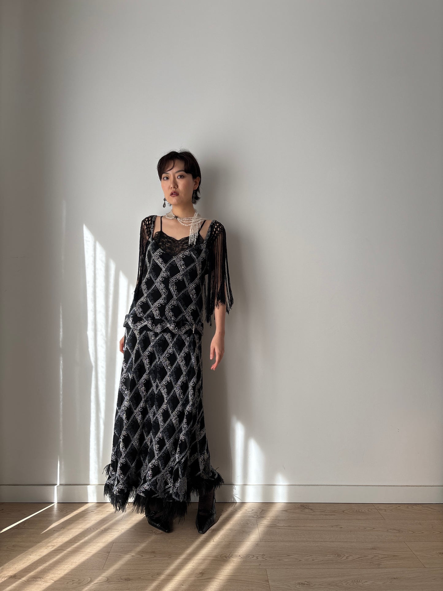 1920s Black Silk Crepe Evening Dress: Fringed Shoulder & Feather Hem