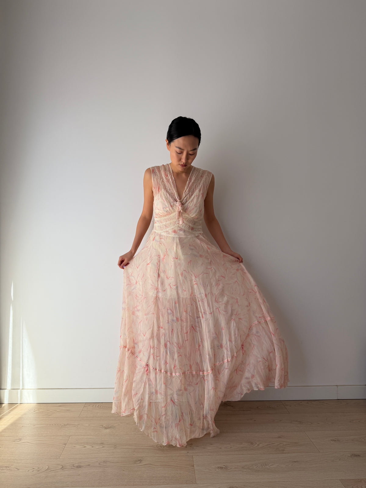 1930s Pink Floral Chiffon Nightgown, Sheer Maxi Dress with Lace Inserts and Tie Neckline