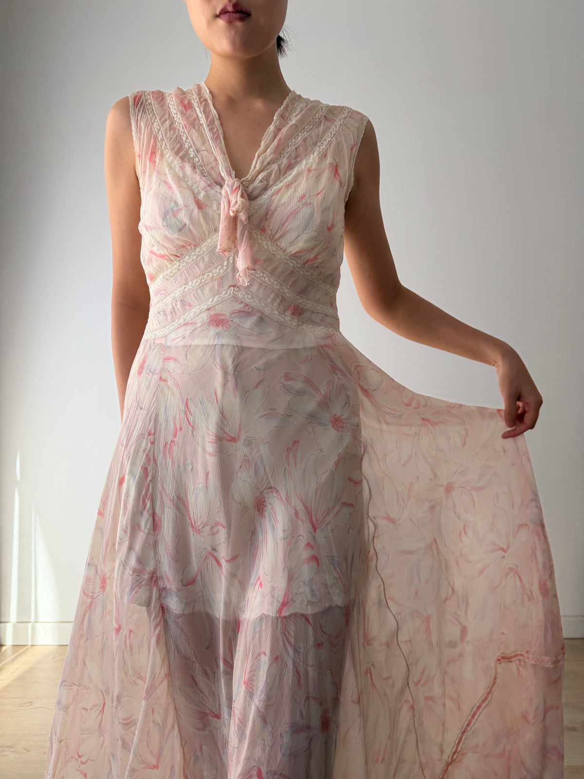 1930s Pink Floral Chiffon Nightgown, Sheer Maxi Dress with Lace Inserts and Tie Neckline