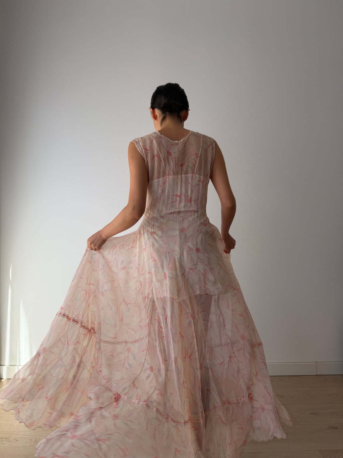 1930s Pink Floral Chiffon Nightgown, Sheer Maxi Dress with Lace Inserts and Tie Neckline