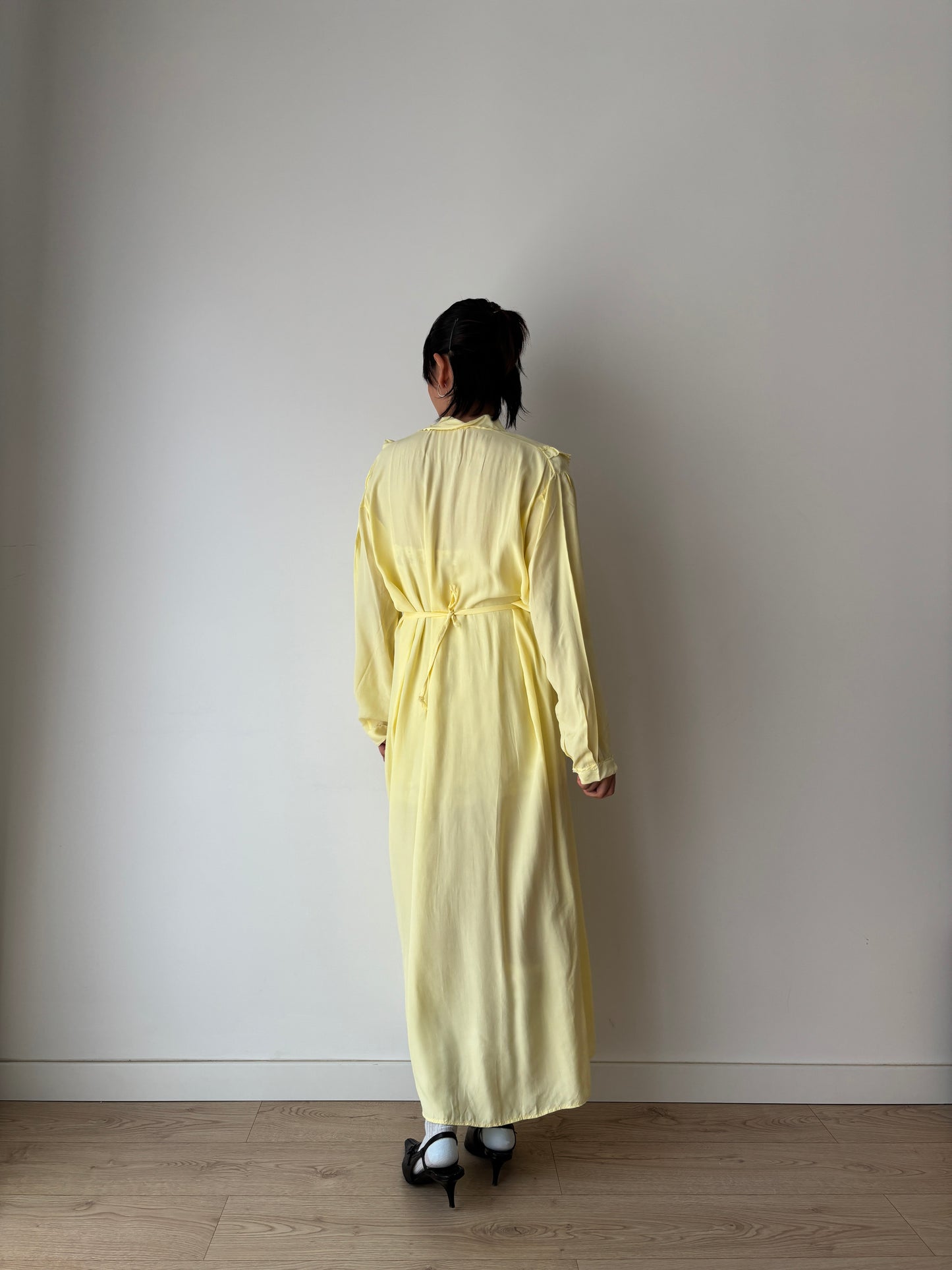 1940s Antique Silk Satin Yellow Embroidered Long Slip Maxi dress