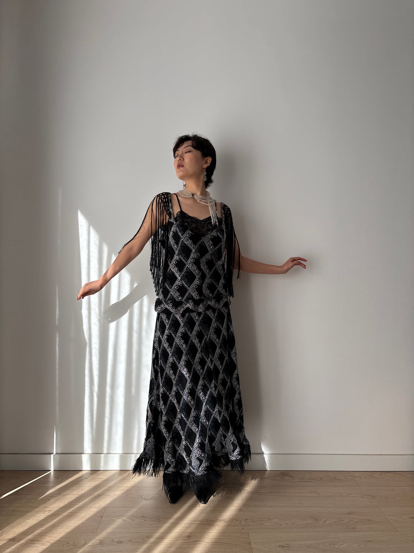 1920s Black Silk Crepe Evening Dress: Fringed Shoulder & Feather Hem