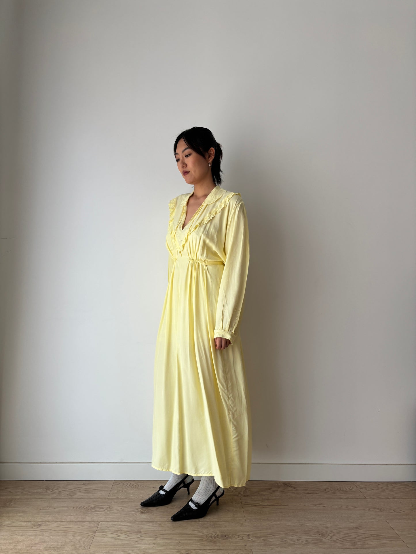 1940s Antique Silk Satin Yellow Embroidered Long Slip Maxi dress
