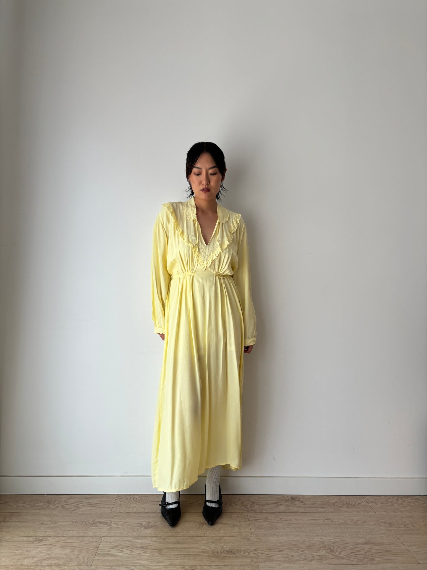 1940s Antique Silk Satin Yellow Embroidered Long Slip Maxi dress