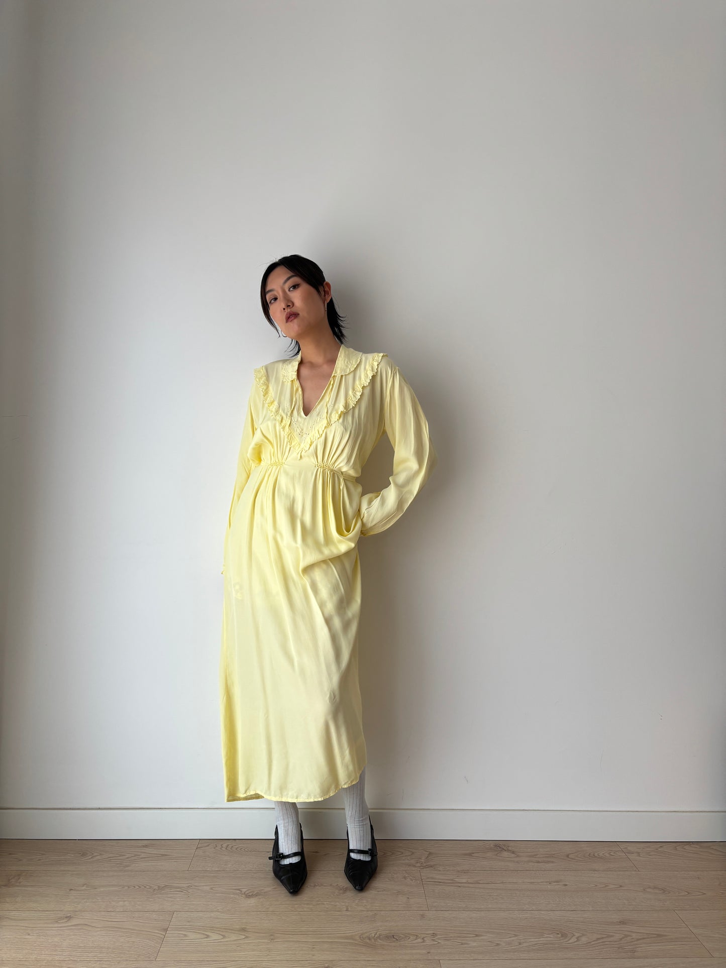 1940s Antique Silk Satin Yellow Embroidered Long Slip Maxi dress