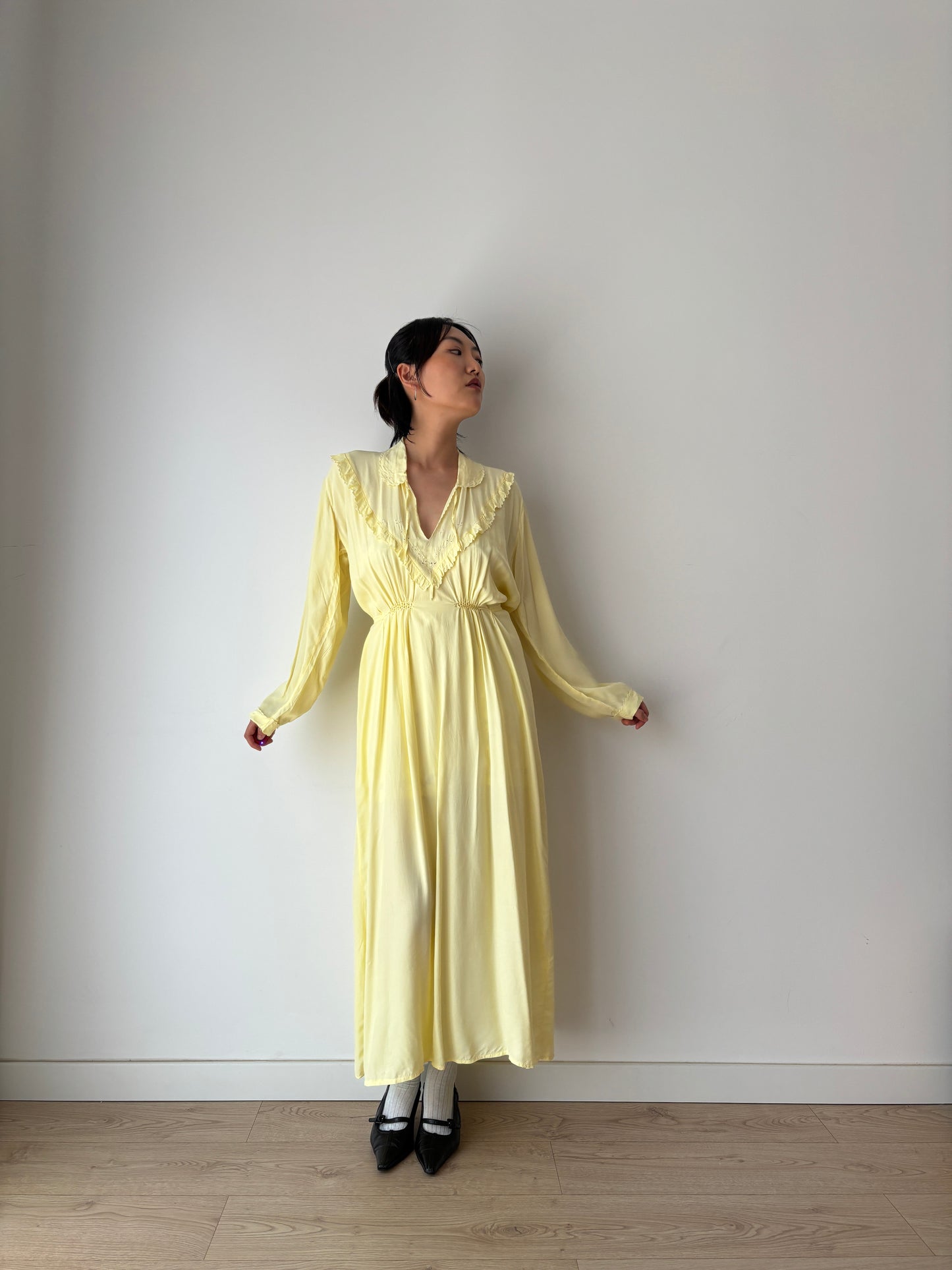 1940s Antique Silk Satin Yellow Embroidered Long Slip Maxi dress