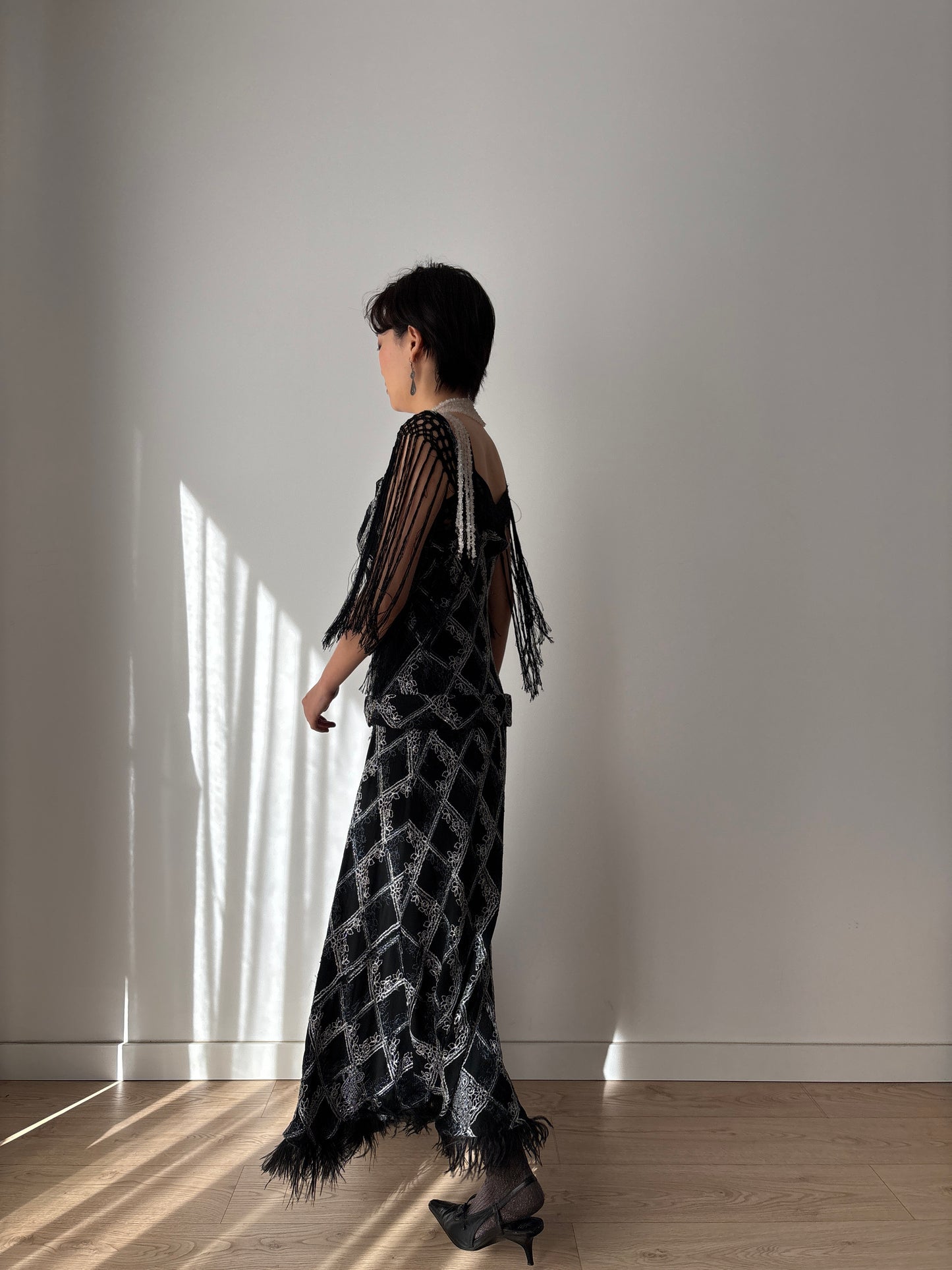 1920s Black Silk Crepe Evening Dress: Fringed Shoulder & Feather Hem