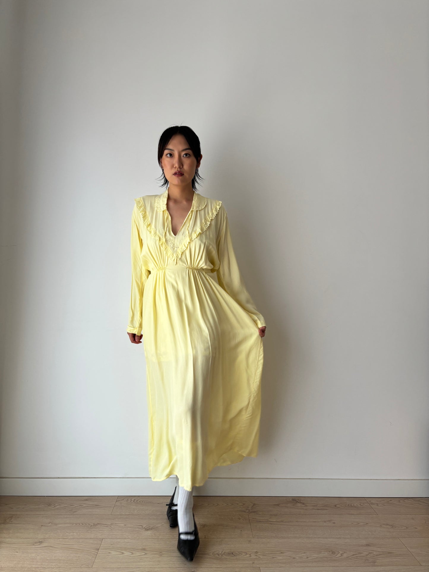 1940s Antique Silk Satin Yellow Embroidered Long Slip Maxi dress