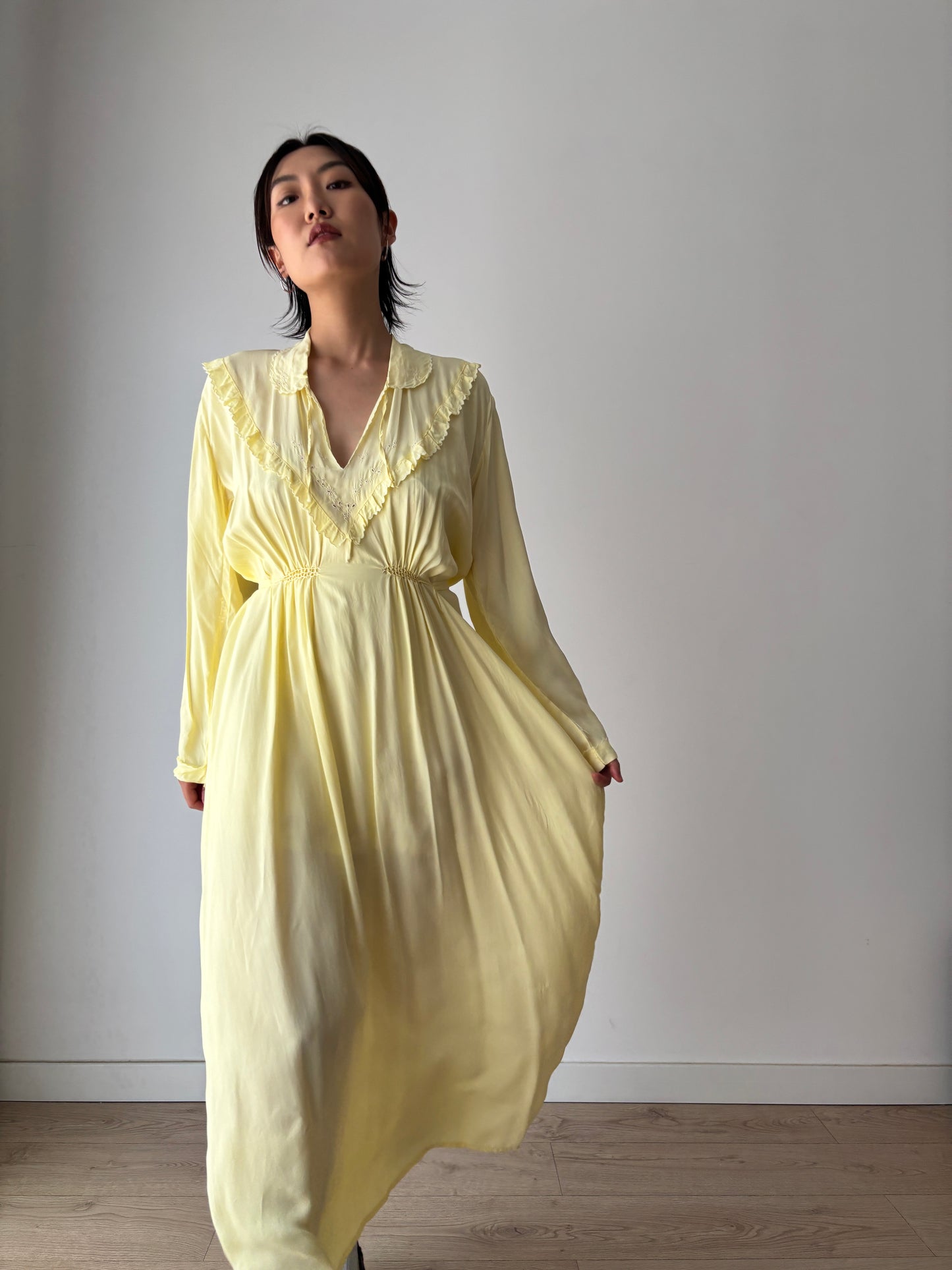 1940s Antique Silk Satin Yellow Embroidered Long Slip Maxi dress