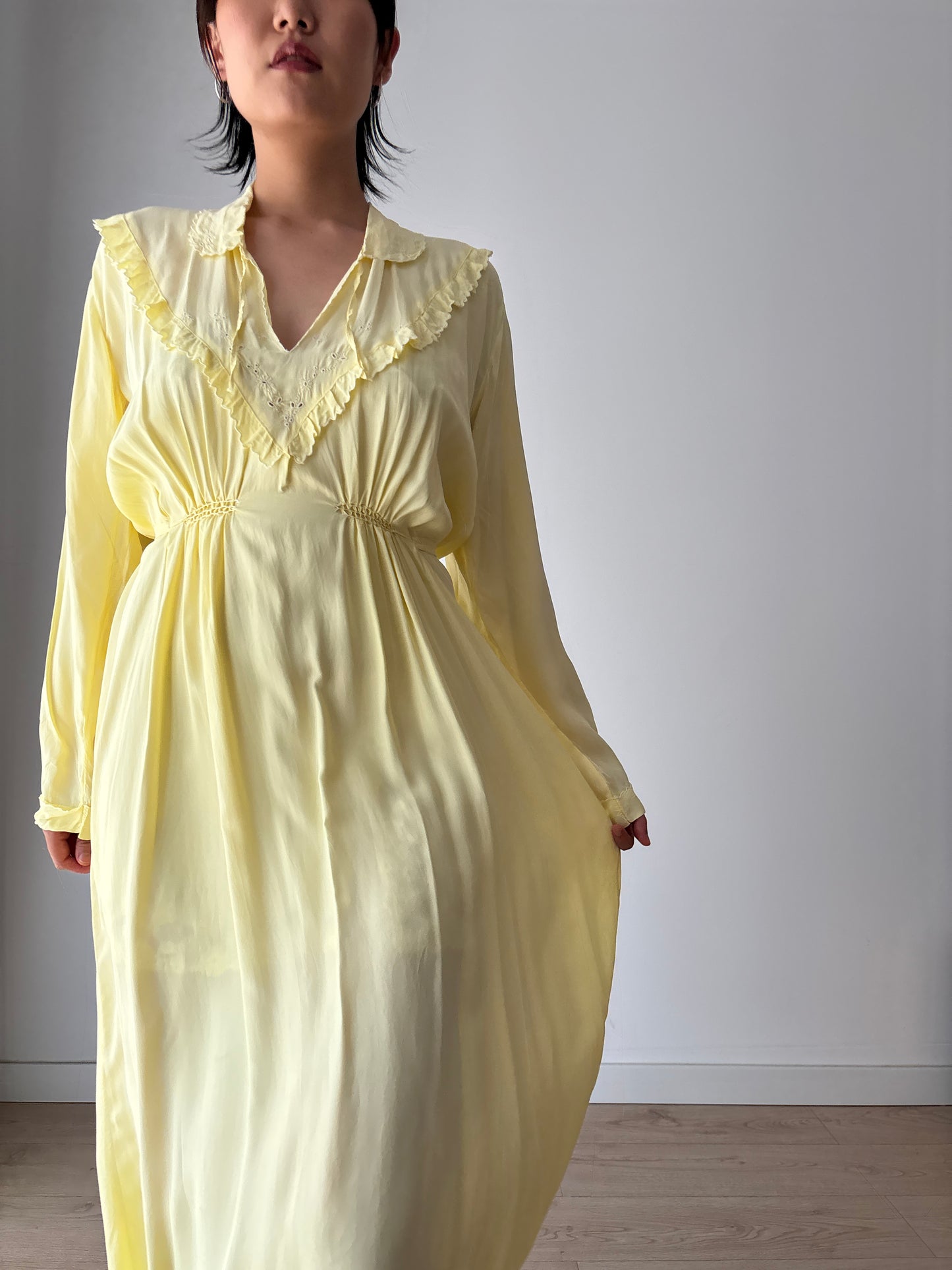 1940s Antique Silk Satin Yellow Embroidered Long Slip Maxi dress