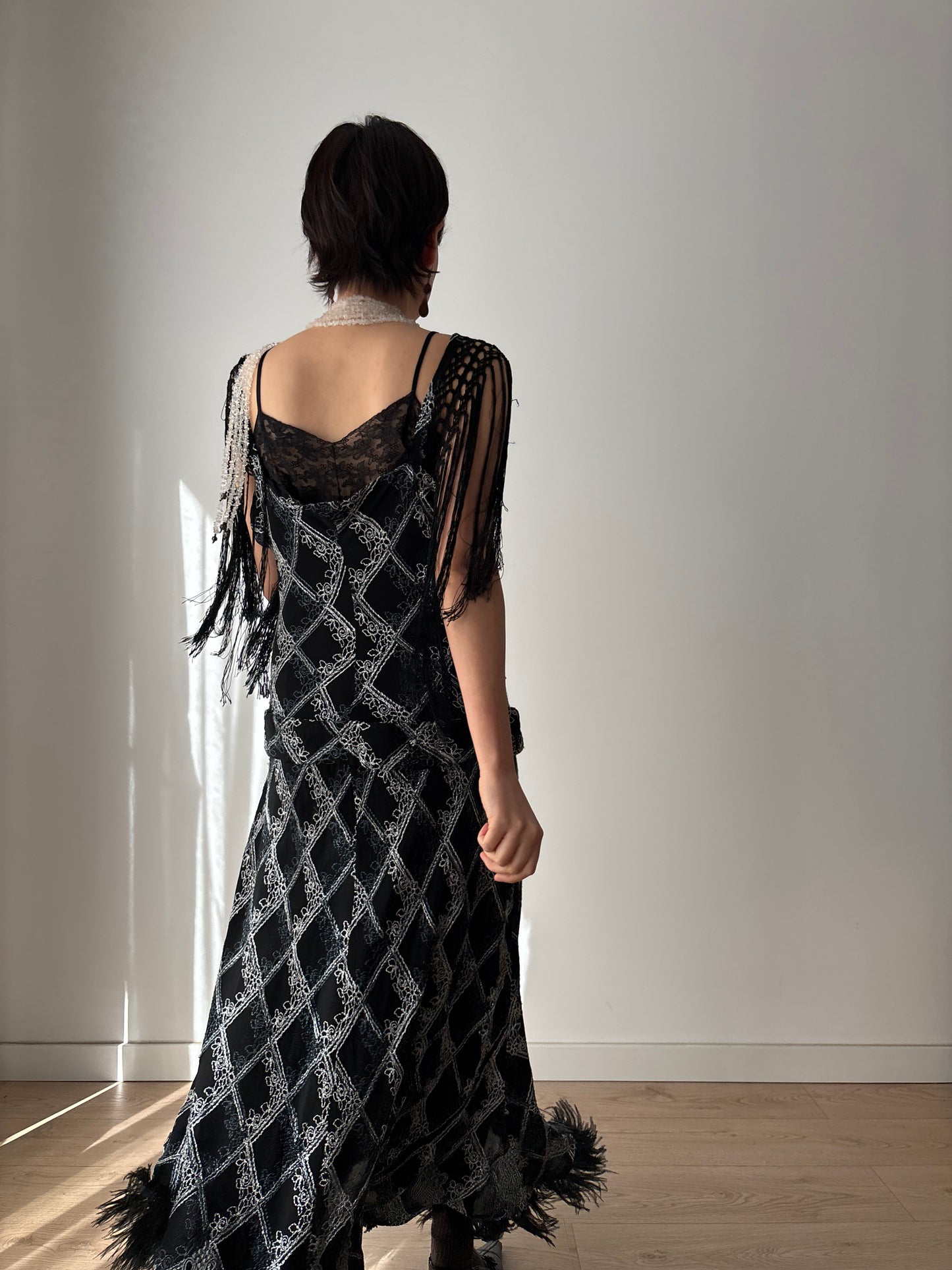 1920s Black Silk Crepe Evening Dress: Fringed Shoulder & Feather Hem