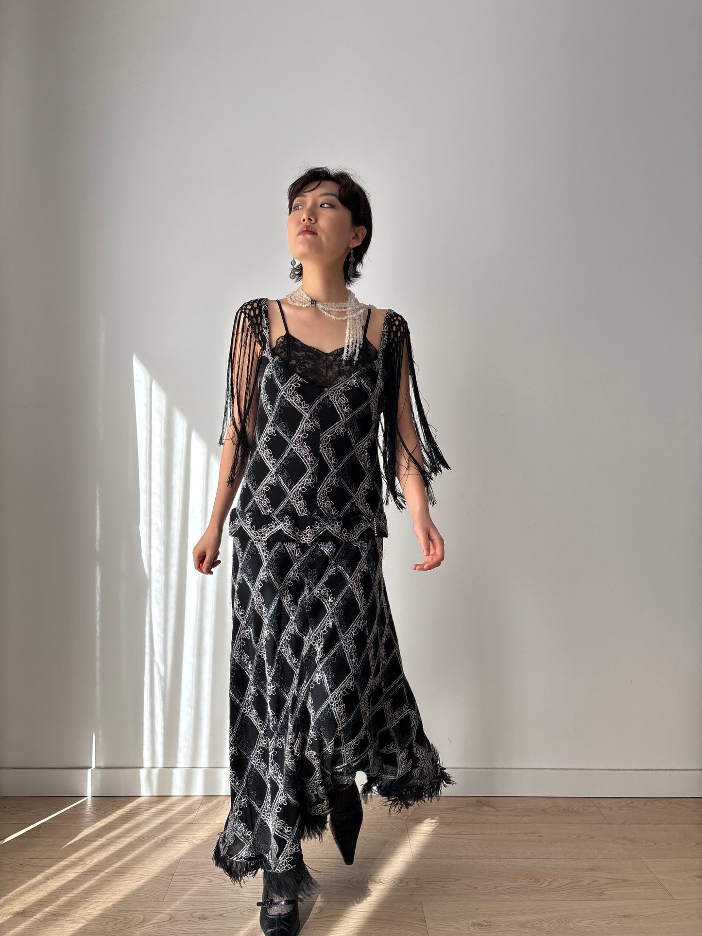 1920s Black Silk Crepe Evening Dress: Fringed Shoulder & Feather Hem