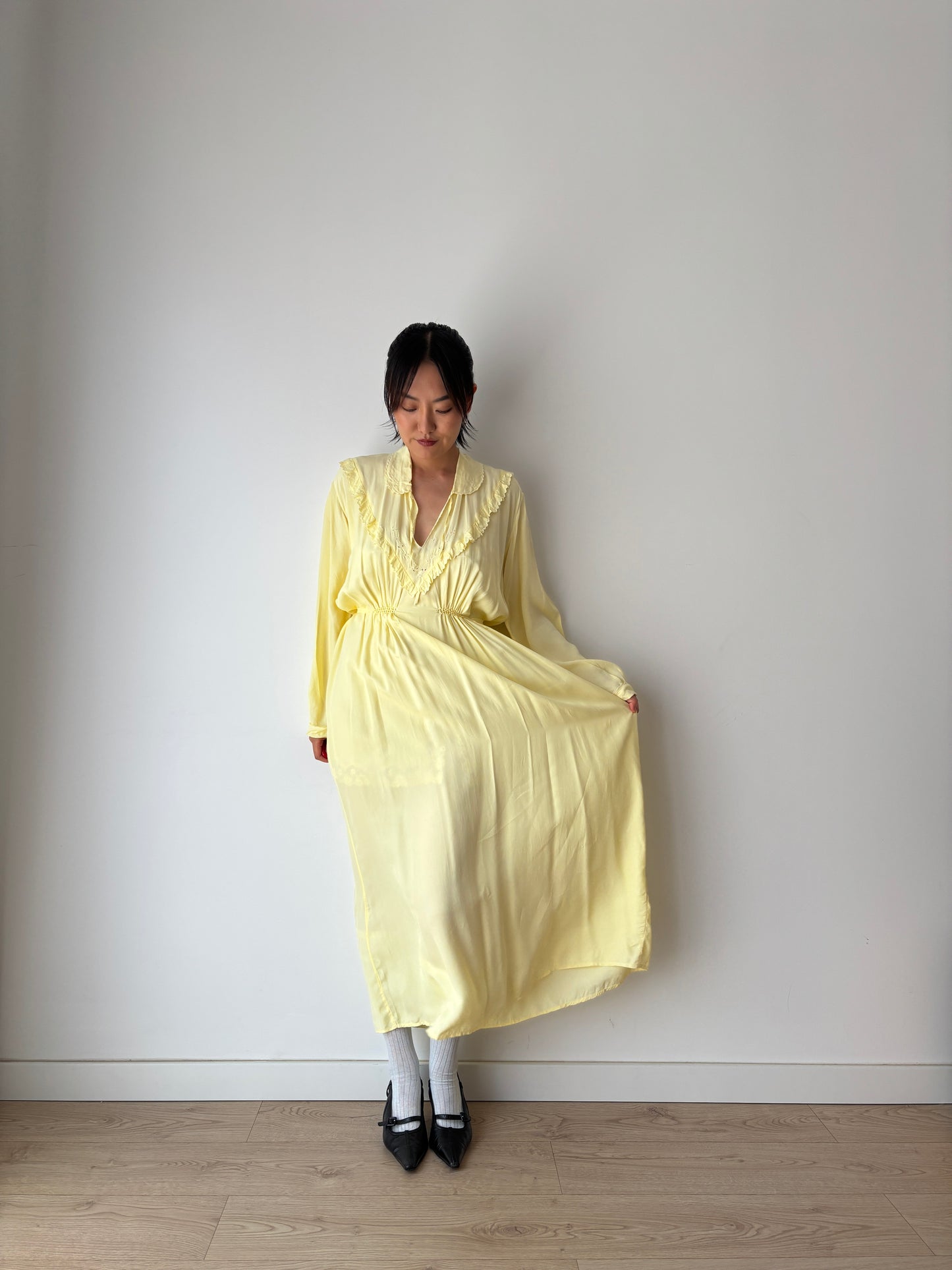 1940s Antique Silk Satin Yellow Embroidered Long Slip Maxi dress