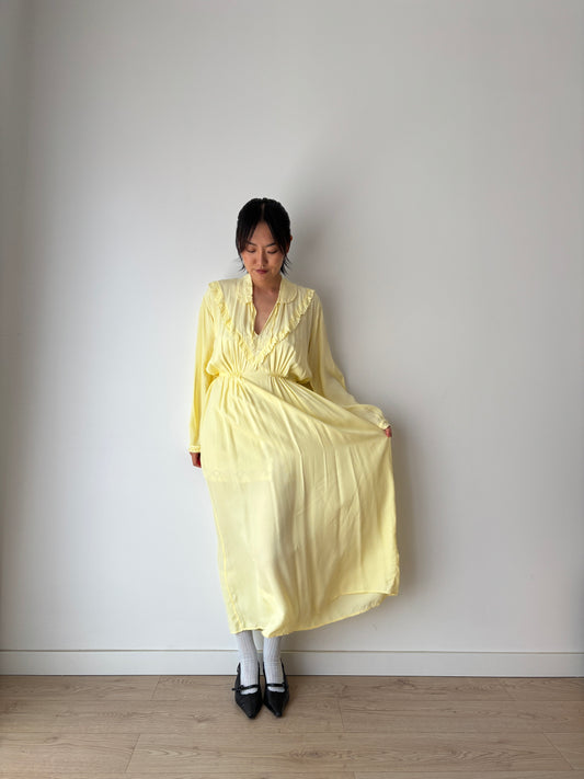 1940s Antique Silk Satin Yellow Embroidered Long Slip Maxi dress