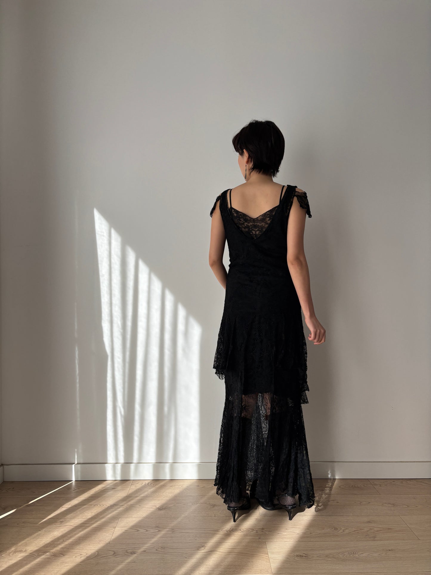 1930s Black Lined Lace Dress With Floral Appliqué