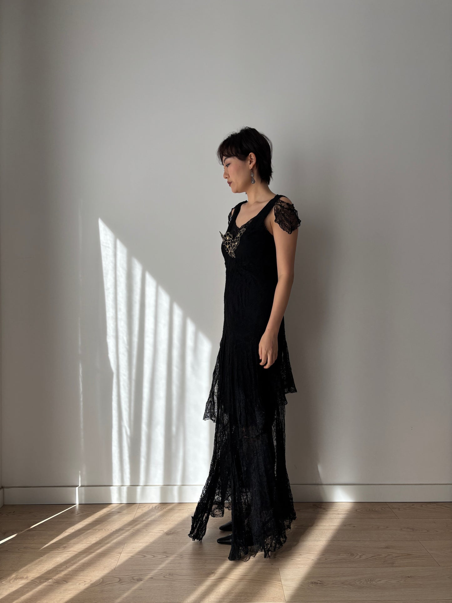 1930s Black Lined Lace Dress With Floral Appliqué