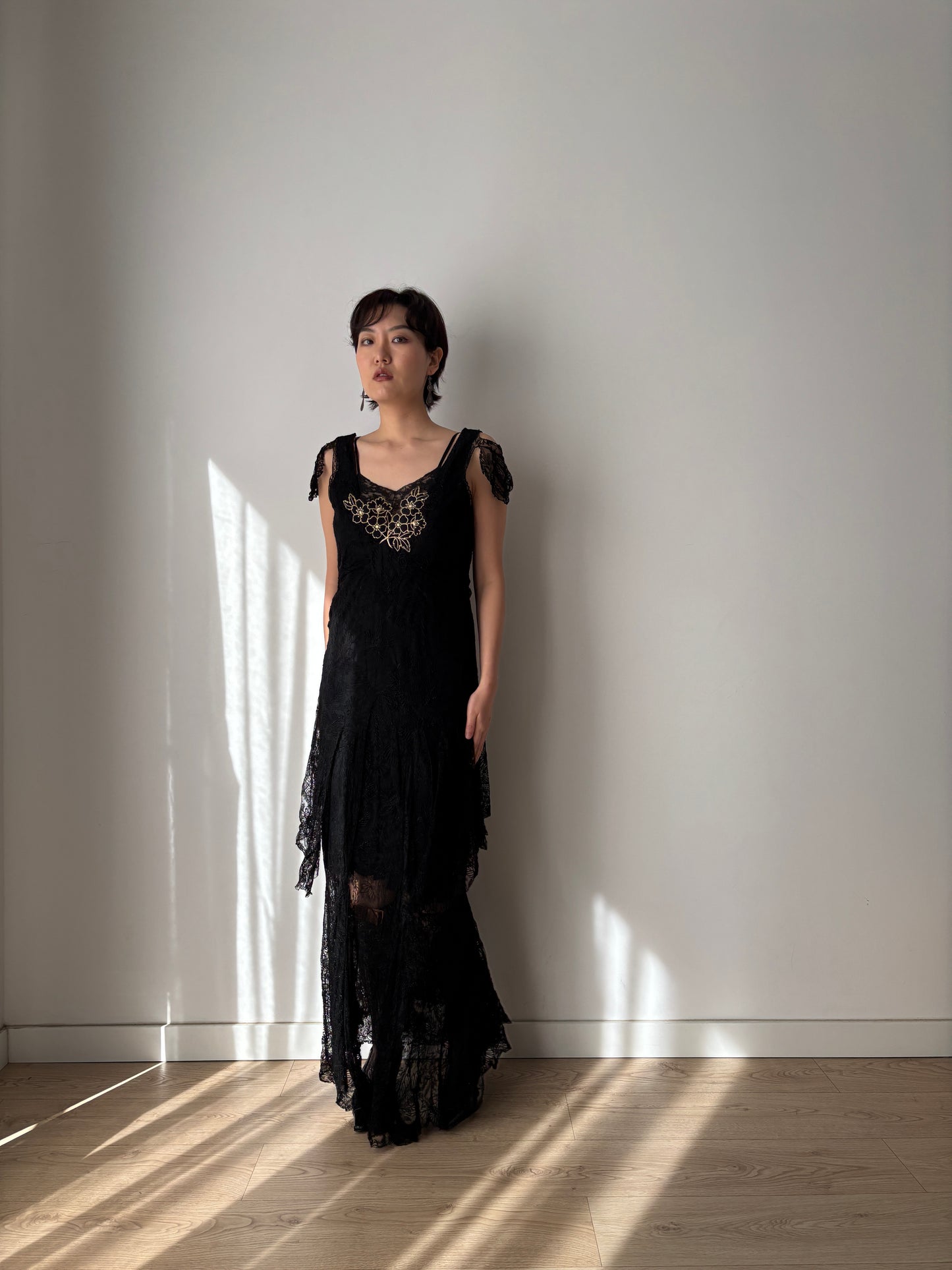 1930s Black Lined Lace Dress With Floral Appliqué