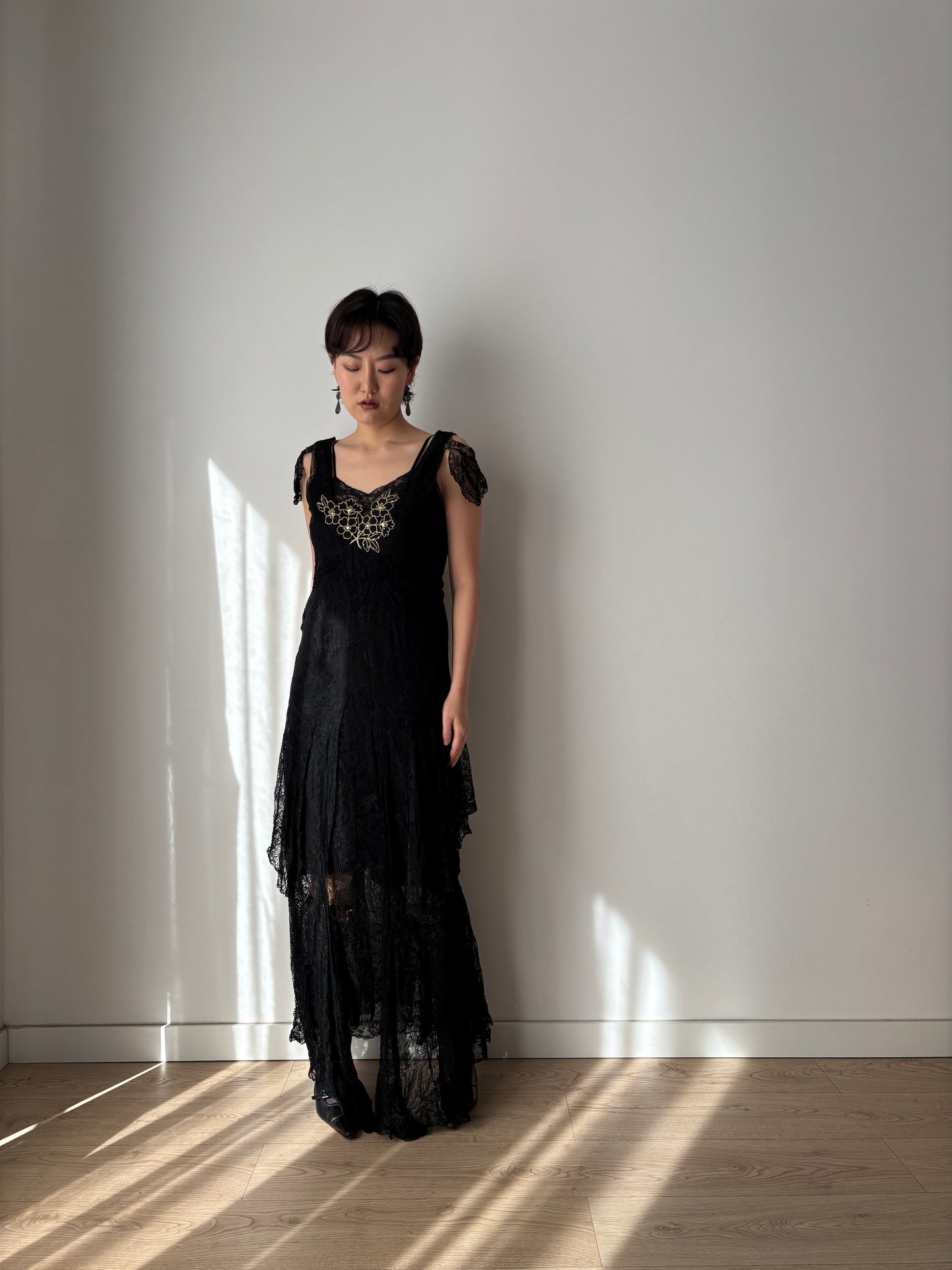 1930s Black Lined Lace Dress With Floral Appliqué