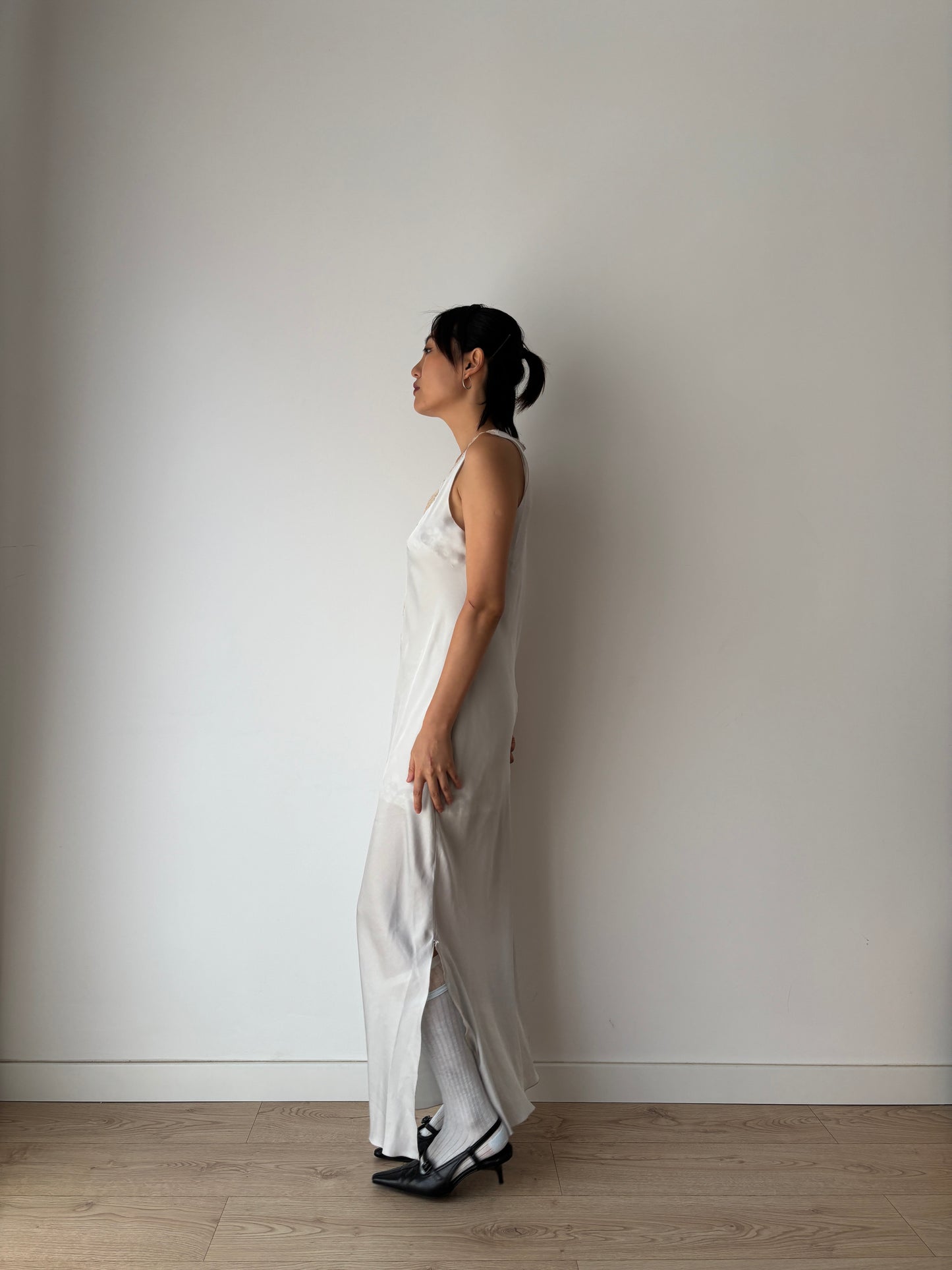 Antique vintage double side slit iquid 100% pure silk lace art deco style blue nightgown romantic maxi slip dress