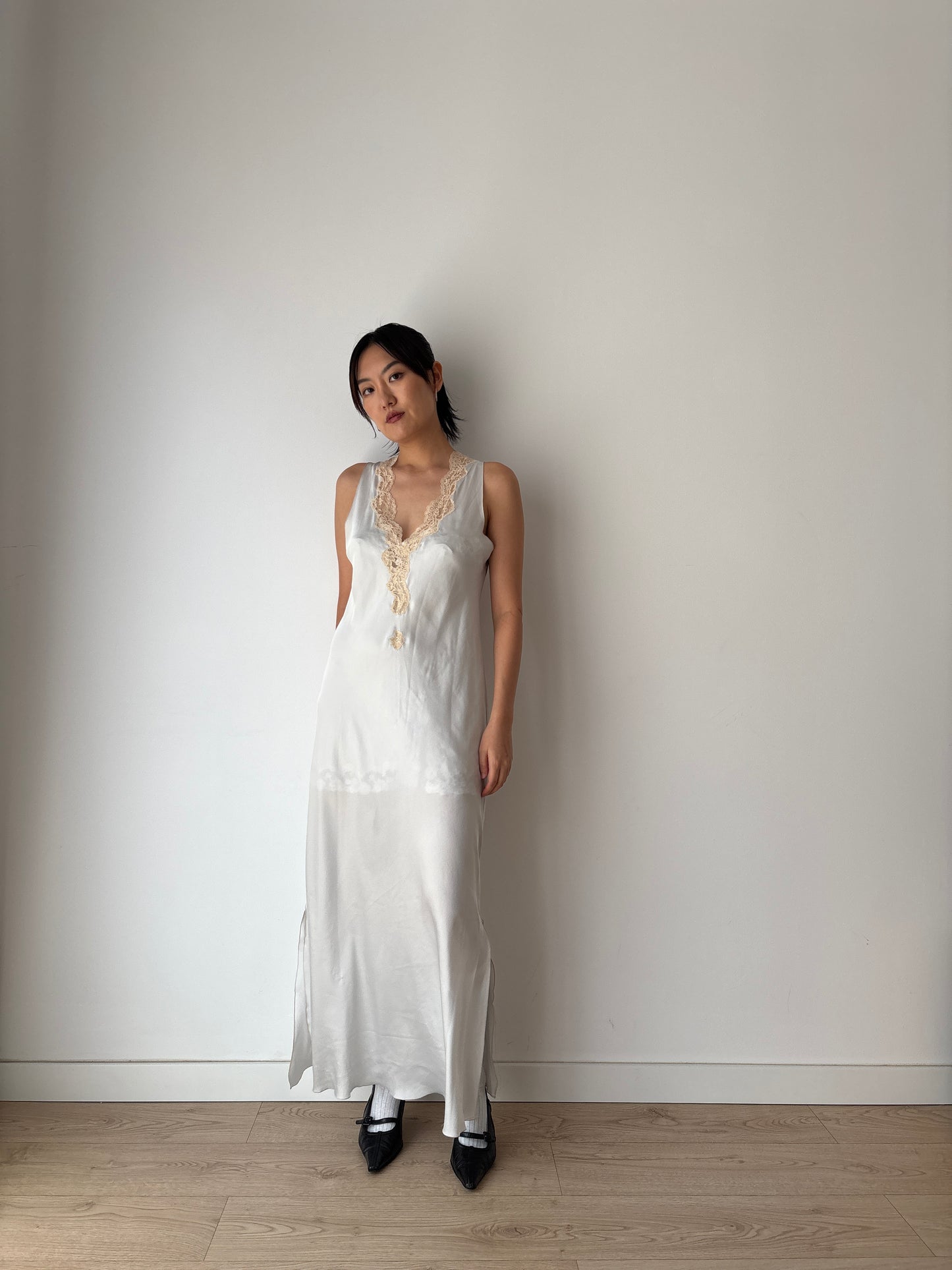 Antique vintage double side slit iquid 100% pure silk lace art deco style blue nightgown romantic maxi slip dress