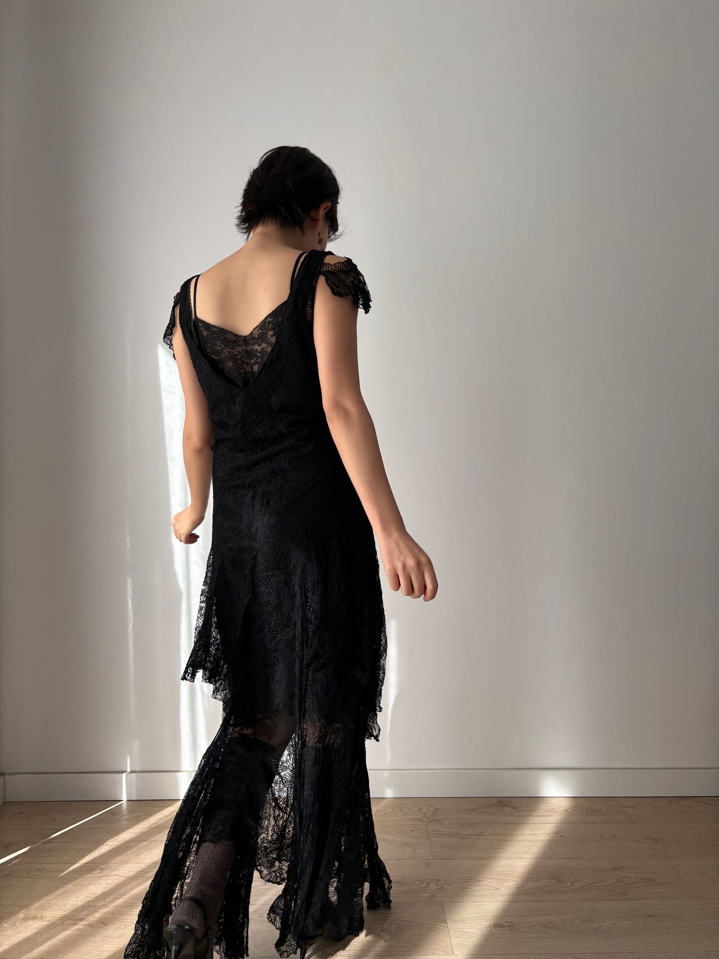 1930s Black Lined Lace Dress With Floral Appliqué