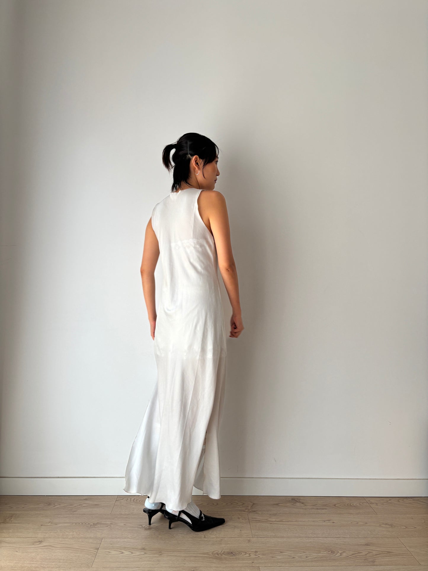 Antique vintage double side slit iquid 100% pure silk lace art deco style blue nightgown romantic maxi slip dress