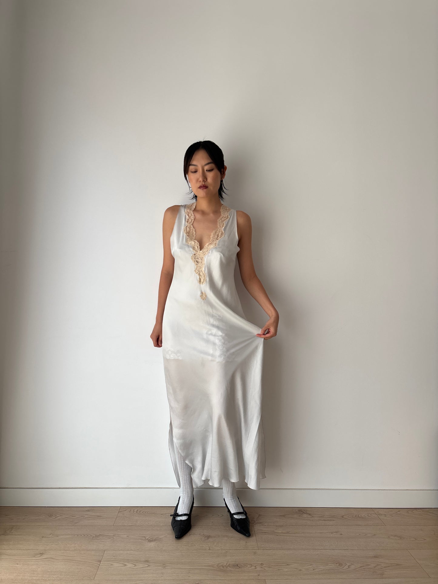 Antique vintage double side slit iquid 100% pure silk lace art deco style blue nightgown romantic maxi slip dress