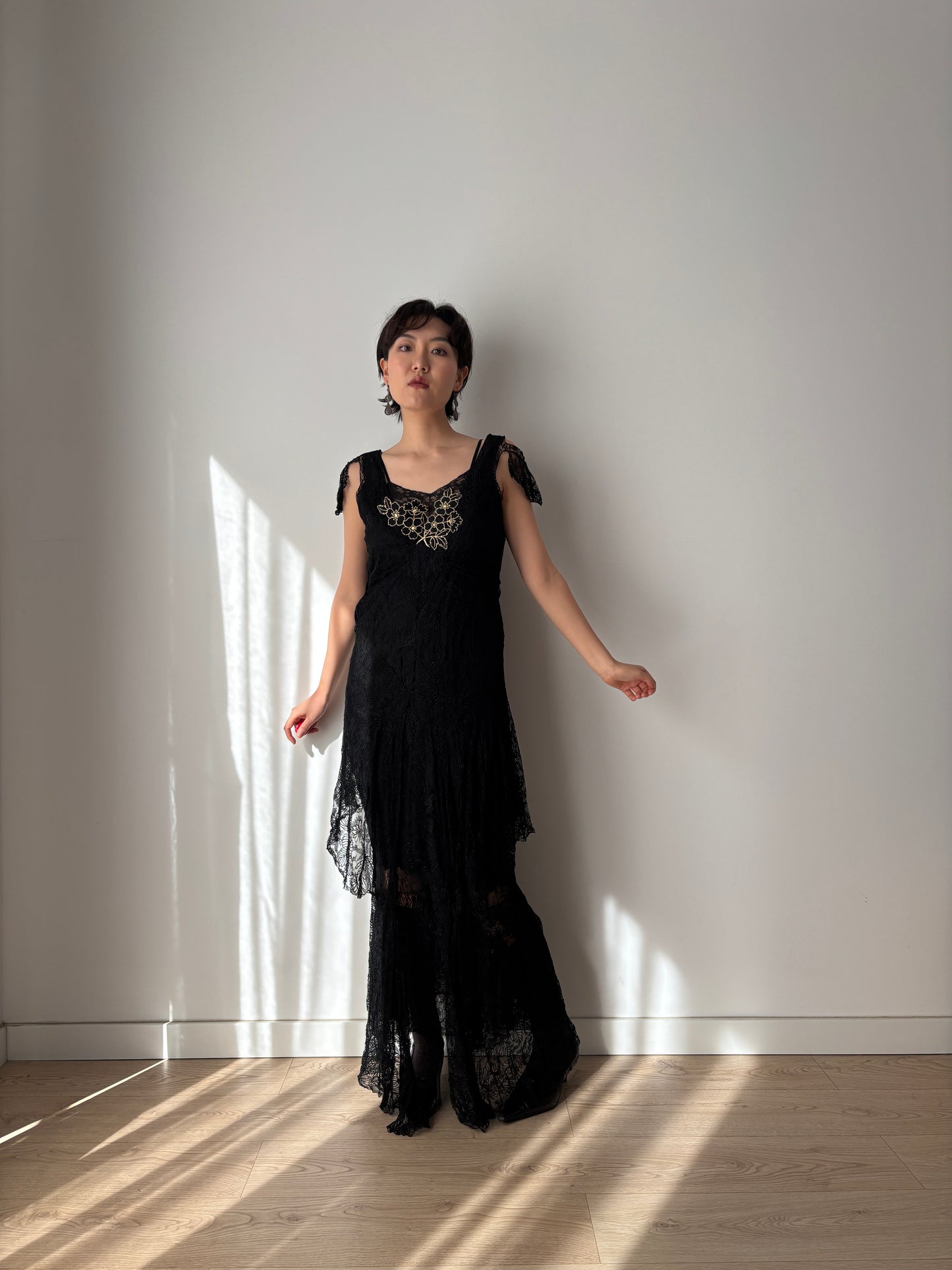 1930s Black Lined Lace Dress With Floral Appliqué