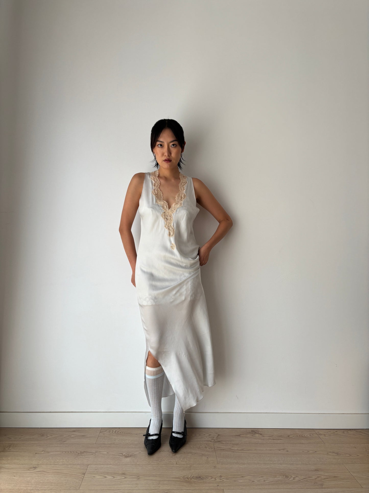 Antique vintage double side slit iquid 100% pure silk lace art deco style blue nightgown romantic maxi slip dress