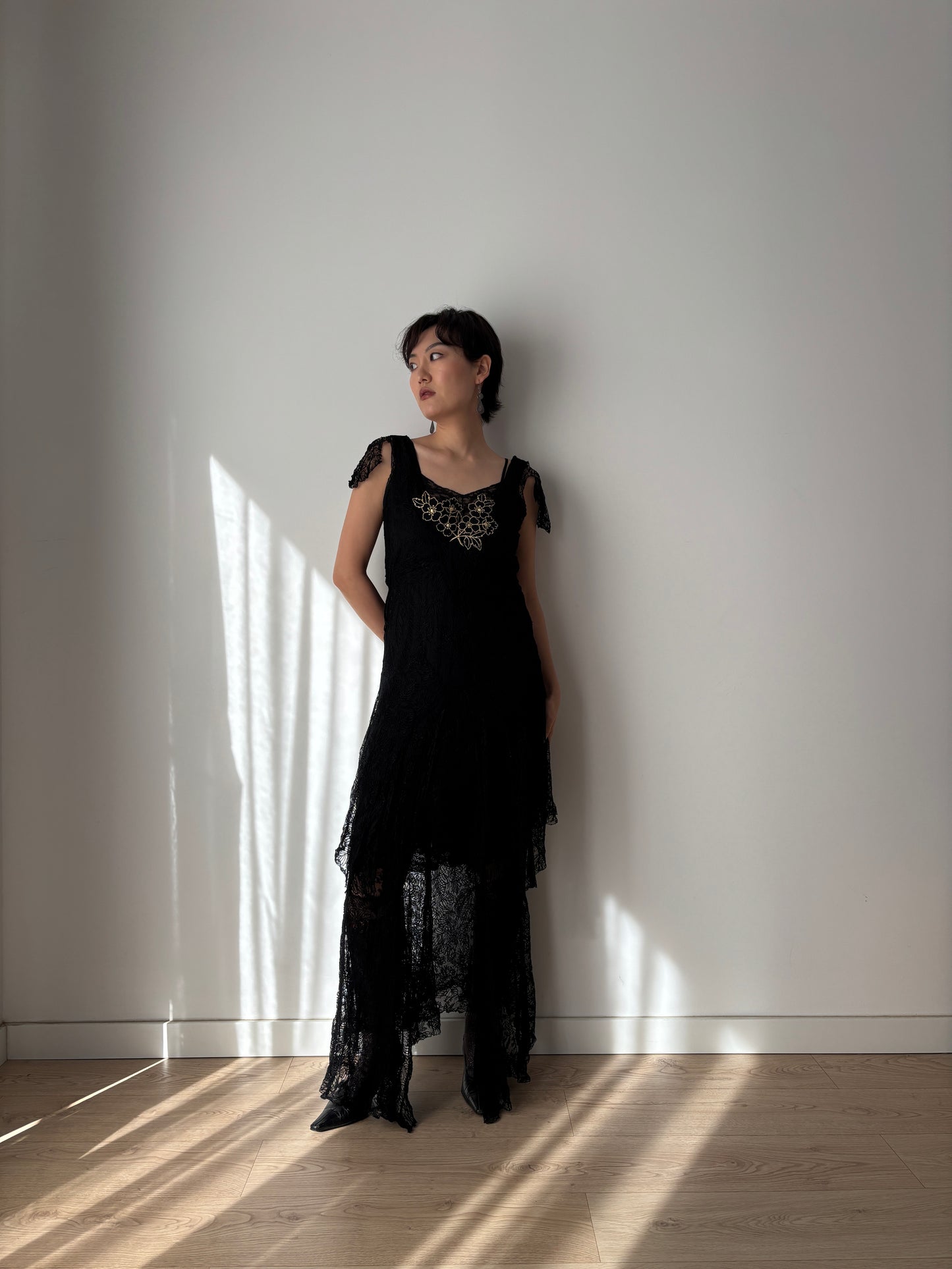 1930s Black Lined Lace Dress With Floral Appliqué
