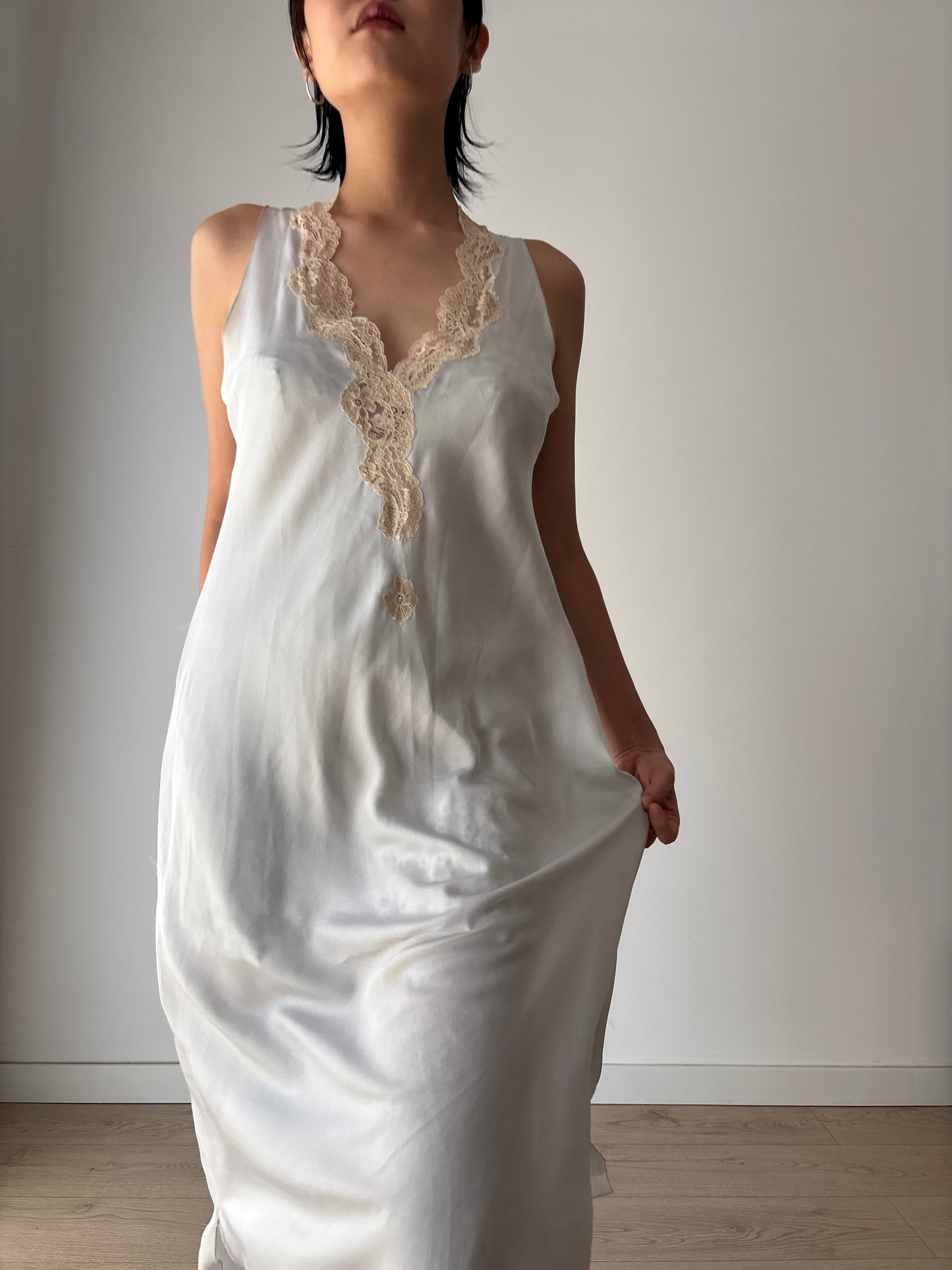 Antique vintage double side slit iquid 100% pure silk lace art deco style blue nightgown romantic maxi slip dress