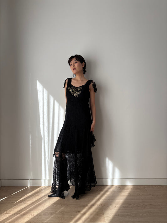 1930s Black Lined Lace Dress With Floral Appliqué