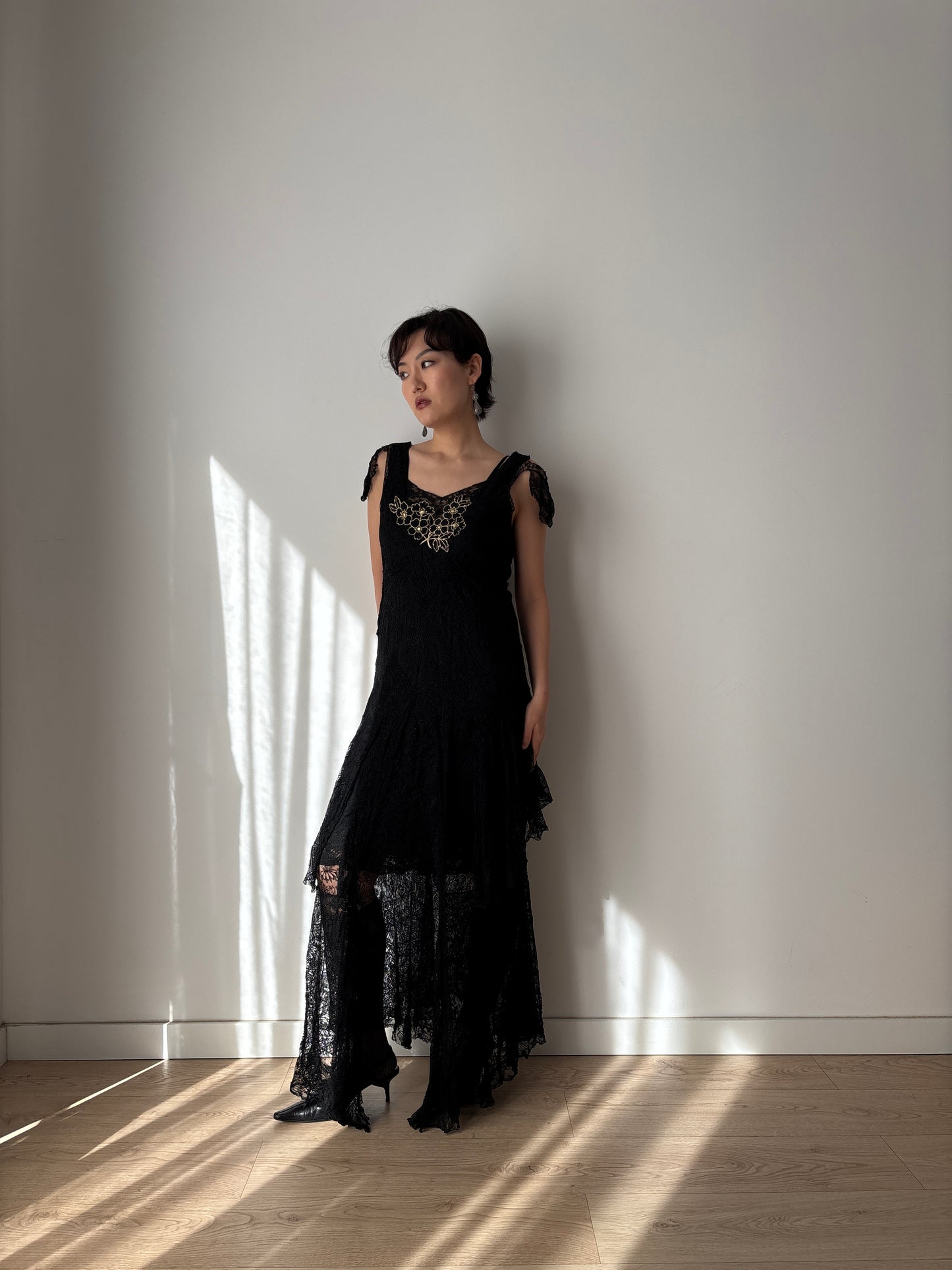 1930s Black Lined Lace Dress With Floral Appliqué