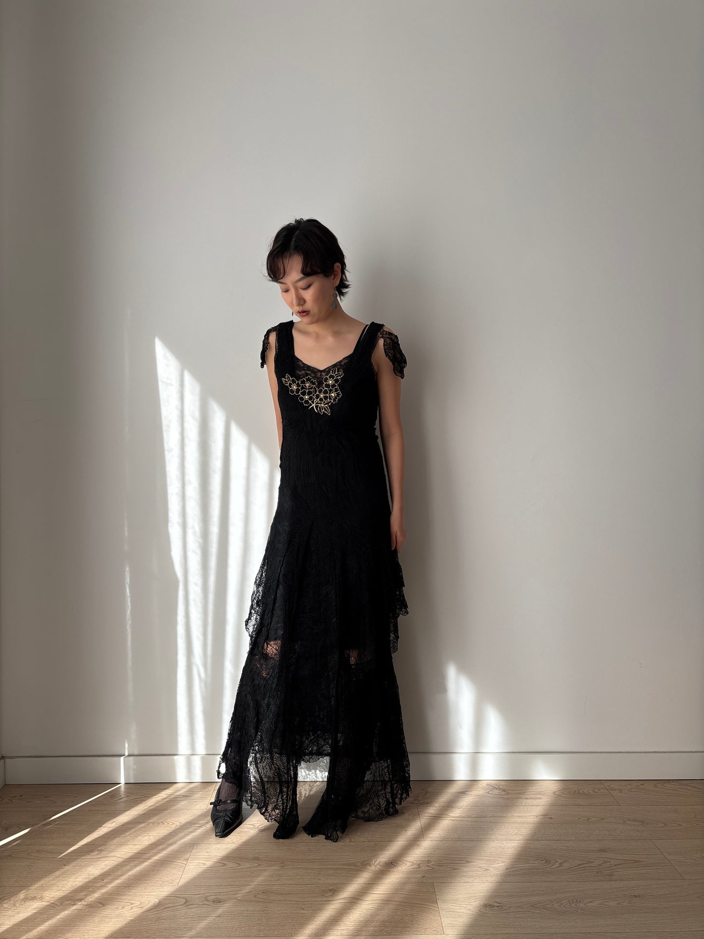 1930s Black Lined Lace Dress With Floral Appliqué