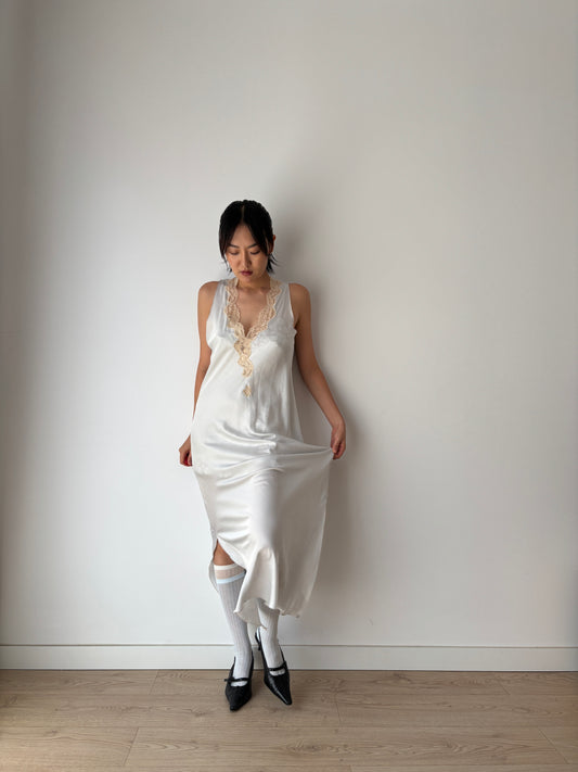 Antique vintage double side slit iquid 100% pure silk lace art deco style blue nightgown romantic maxi slip dress